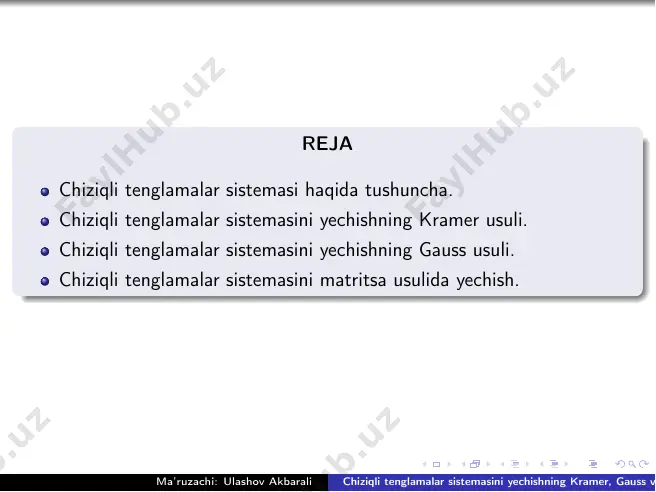 stemasini yechishning ushbu usuli teskari matritsa usuli deb ataladi. ma’ruzachi: ulashov akbarali chiziqli tenglamalar sistemasini yechishning kramer, gauss va matritsa usullari. 4 / 26 1-misol tenglamalar sistemasini teskari matritsa yordamida yechimini izlaymiz;  x1 − 2x2 + x3 = 1 2x1 + x2 − 2x3 = −1 3x1 − 2x2 + x3 = 2 a= 1 −2 1 2 1 −2 3 −2 1  x= x1 x2 x3  b=  1 −1 2  ax = b =⇒ x = a−1b bu yerda a−1 deganda a- matritsaning teskari matritsasini tushunamiz; teskari matritsa quyidagicha topiladi: a−1 = 1 deta · at bunda deta ̸= 0 bo‘lgandagina teskari matritsa mavjud bo‘ladi. aksincha deta = 0 bo‘lsa, teskari matritsa aniqlab bo’lmaydi. ma’ruzachi: ulashov akbarali chiziqli tenglamalar sistemasini yechishning kramer, gauss va matritsa usullari. 5 / 26 faraz qilaylik teskari matritsa mavjud bo‘lsin. ya‘ni at = a11 a21 a31 a12 a22 a32 …