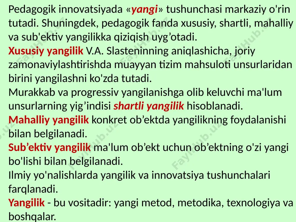 rfaol o’qitishni tashkil qiluvchilar uchun, sof o’quv maqsadlaridan tashqari quyidagi jihatlar ham muhimdir: •guruhdagi o’quvchilarning o’zaro muloqotlari jarayonida boshqalarning qadriyatlarini tushunib yetish; •boshqalar bilan o’zaro muloqotda bo’lish va ular yordamiga muhtojlik zaruratining shakllanishi; •o’quvchilarda musobaqa, raqobatchilik kayfiyatlarini rivojlantirish. interfaol mashg’ulotlarni amalda qo’llash bo’yicha ayrim tajribalarni o’rganish asosida bu mashg’ulotlarning sifat va samaradorligini oshirishga ta’sir etuvchi ayrim omillarni ko’rsatishimiz mumkin. ularni shartli ravishda tashkiliy-pedagogik, ilmiy–metodik hamda o’qituvchiga, o’quvchilarga, ta’lim vositalariga bog’liq omillar deb atash mumkin. ular o’z mohiyatiga ko’ra ijobiy yoki salbiy ta’sir ko’rsatishini nazarda tutishimiz lozim. tashkiliy-pedagogik omillarga quyidagilar kiradi: •o’qituvchilardan interfaol mashg’ulotlar olib boruvchi trenerlar guruhini tayyorlash; •o’qituvchilarga interfaol usullarni o’rgatishni tashkil qilish; •o’quv xonasida interfaol mashg’ulot uchun zarur sharoitlarni yaratish; •ma’ruzachining hamda ishtirokchilarning ish joyi qulay bo’lishini ta’minlash; •sanitariya-gigiena me’yorlari buzilishining oldini olish; •xavfsizlik qoidalariga rioya qilishni ta’minlash; davomatni va intizomni saqlash; •nazorat olib borishni tashkil qilish va boshqalar. ilmiy-metodik omillarga quyidagilar kiradi: -dts talablarining bajarilishini hamda darsdan …