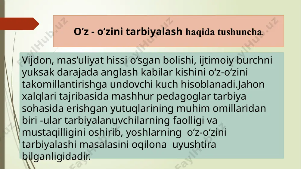 sosda tarbiyachi insonning hayotiy me’yor va qadriyatlarini ishlab chiqish o‘quvchini tarbiya jarayonida faolligini ta’minlashga olib keladi. 3.o‘z-o‘zini anglash. tarbiya insonda e’tiqod, demokratik qarashlar va hayotiy pozitsiyaning shakllanishiga olib keladi. tarbiya mazmunining eng muhim jihatlaridan biri-bu insonnning hayotida o‘z-o‘zini anglashi inson o‘z shaxsiy hayoti va baxtining sub’ekti sifatida e’tirof etilishi bilan tavsiflanadi. 4.tarbiyaning yo‘naltiruvchanligi. mazkur g‘oya maktab amaliyotining markaziy nuqtasida tarbiyaviy ishlar dasturi, tadbirlari, shakl, metod va vositalari emas, balki o‘quvchi turganligini anglatishga xizmat qiladi 5.ixtiyoriylik. tarbiyalanuvchilarning iroda erkinligisiz tarbiya g‘oyalari mohiyatini qaror toptirish mumkin emas. tarbiya jarayoni, agar u oqilona tashkil etilsa, bir vaqtning o‘zida ham o‘qituvchi va o‘quvchi ma’naviyatning boyitilishiga ham xizmat qiladi. agar o‘qituvchi o‘quvchining qiziqishi, faoliyati, o‘rtoqlik va fuqarolik burchini anglashi, mustaqillikka intilish tuyg‘ularini ko‘ra va anglay olsagina uning shaxsiga ta’sir ko‘rsatishga yo‘naltirilgan faoliyatda samaraga erishadi. 6.jamoat yo‘nalishi. tarbiyaviy ishlar mazmunida jamoaga nisbatan ijobiy munosabatni qaror toptirish yotadi. jamoa yordamida shaxsning har tomonlama taraqqiyoti unda dunyoni anglash …
