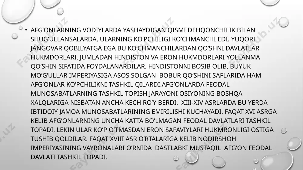 onistonda ikkita feodal guruh hokimyat uchun o’zaro kurash olib borardi. ulardan biriga tub afg’on viloyatlari pomeshchiklarining manfaatlarini himoya qiluvchi amir sheralixon boshchilik qilsa, uning akasi sardor afzalxon amudaryoning so’l qirg’oqlarida yangidan bosib olingan yerlarda yashovchi yirik pomeshchiklar, amaldorlar manfaatlarini himoya qilardi. inglizlar aralashuvi natijasida 6 yil davom etgan bu o’zaro urush mamlakatni og’ir ahvolga solib qo’ydi.afg’onistonning zaiflashishidan manfaatdor bo’lgan inglizlar esa afg’oniston amiri deb goh sheralixonni tan olardilar, goh uning raqibi afzalxonni tan olardilar, o’zaro kurashayotgan bu ikki tomonga navbatma-navbat qurol-yarog’ va moddiy yordam berib turardilar.oxir-oqibatda 1868 yilga kelib sheralixon o’z raqiblari uzil-kesil g’alabaga erishgach, inglizlar unga qarshi o’z o’g’li yoqubxonni isyon ko’tarishga unday boshladilar. sabr kosasi to’lgan amir sheralixon navbatdagi isyondan keyin o’g’li yoqubxonni qobuldagi saroyga qamab qo’ydi. hindiston vitse-qirolining yoqubxonni ozod qilish uchun urinishi ham samara bermadi.sheralixon mamlakatni qattiqqo’llik bilan boshqardi. uning davrida qo’shin 40 ta piyodalar bataloniga va va 16 ta doimiy otliq kavaleriyaga yetkazildi. qo’shin va …