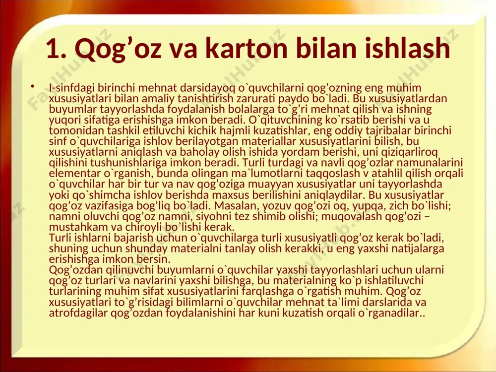 riluvchi materiallarga qolg’oz, karton va gazlamalardan tashqari o`simliklarning turli qismlari (shoxasi, barglari, gullari, ildizi, po`sti, urug’i, mevasi); foydali qazilmalar (kvarts qumi, loy, minerallar); yog’och (archa, sosna, qayin, lipa, ryabina); metallar (temir, mis, alyuminiy); plastmassa (polietilen, tekstolit, kapron) va boshqalar. bu materiallardan ba`zisini, masalan o`simlik qismlarini, o`quvchilar tabiatga sayr qilish paytida teradilar, boshqalarini, masalan, fanera, metallar, plastmassalarni maktab bolalari tayyorlanmalar va yarimfabrikatlar shaklida oladilar. erta kuzda o`qituvchi o`quvchilarga tabiiy materiallarni to`plash, ishlov berish va saqlashni yaxshilab tushuntiradi. bolalarga o`simliklar shoxasi, barglari, gullari, po`stlog’i, mevasini terish; kvarts qumi va loy tayyorlashni topshiradi. tushuntirish ishida o`qituvchi mamlakatimizda tabiatni qo`riqlash to`g’risida qonun mavjudligi, bu tabiiy boyliklarga ehtiyotkorona munosabatda bo`lishni talab etishini aytib o`tadi. bu qonunning asosiy qoidalarini qayd etib, o`qituvchi o`rmonda faqat erga tushgan materiallarnigina terish kerakligini eslatadi. daraxt va butalarni sindirish, o`rmonni ifloslashtirish, o`simlik shoxalari, po`stlog’i, barglarini kesish mumkin emas. o`qituvchi tabiiy materiallarni qanday to`plash haqida maslahatlar beradi. masalan, kvarts qumini daryo vodiylarida …