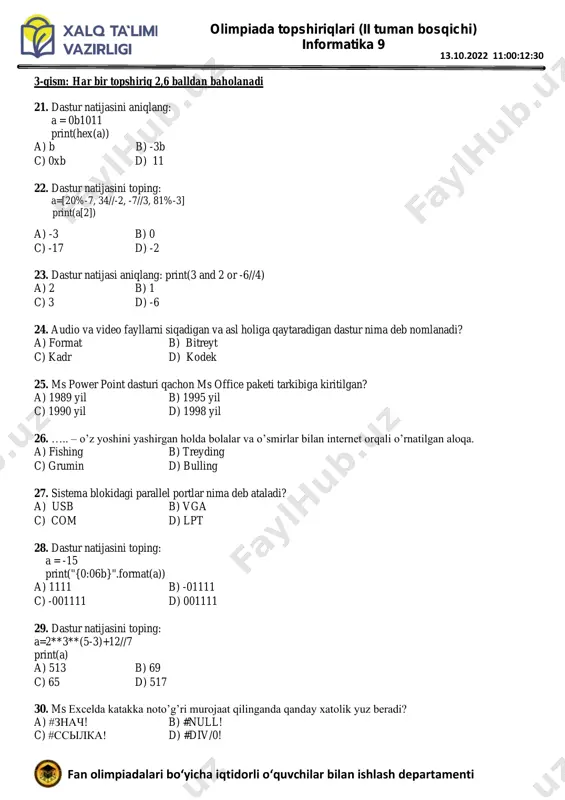b) 69 c) 65 d) 517 30. ms excelda katakka noto’g’ri murojaat qilinganda qanday xatolik yuz beradi? a) #знач! b) #null! c) #ссылка! d) #div/0!