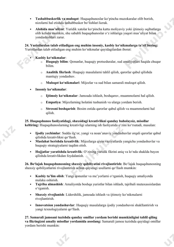hini va mijozlar manfaatlarini himoya qilishda yuqori malakali bo‘lishini ta’minlaydi. huquqshunoslar kasbiy kompetensiyalarni rivojlantirish orqali zamonaviy huquq tizimi va talablariga javob bera oladi. 18. huquqshunos mutaxassis shakllanishida zamonaviy ish ko‘nikmalari: zamonaviy huquqshunos mutaxassisi uchun zarur bo‘lgan ko‘nikmalar turli sohalarni o‘z ichiga oladi. huquqshunos, shuningdek, yangi texnologiyalarni qo‘llash, analitik fikrlash, muloqot va kelishuvlar o‘rnatish kabi ko‘nikmalarga ega bo‘lishi kerak. zamonaviy ish ko‘nikmalari huquqshunosning muvaffaqiyatli faoliyati uchun zaruriy omil hisoblanadi. 19. huquqshunos mutaxassis shakllanishida zamonaviy ish ko‘nikmalari va kompetensiyalarning roli: zamonaviy ish ko‘nikmalari va kompetensiyalar huquqshunoslarning ishi samaradorligini oshiradi. bu, nafaqat qonunlar va huquqiy bilimlarni bilish, balki, iqtisodiy, ijtimoiy va madaniy holatlarni to‘g‘ri tahlil qilish, muammolarni innovativ yechish va huquqiy xizmatlarning sifatini oshirishga yordam beradi. kompetensiyalarni rivojlantirish orqali huquqshunos mutaxassislari yanada professional va tajribali bo‘ladi. 20. muvaffaqiyatli yurist kar’yerasini rejalashtirish usullari: muvaffaqiyatli yurist kar’yerasini rejalashtirishda quyidagi usullarni qo‘llash mumkin: 1. kasbiy maqsadlarni belgilash: o‘z maqsad va rejalaringizni aniq belgilash va shu yo‘nalishda …