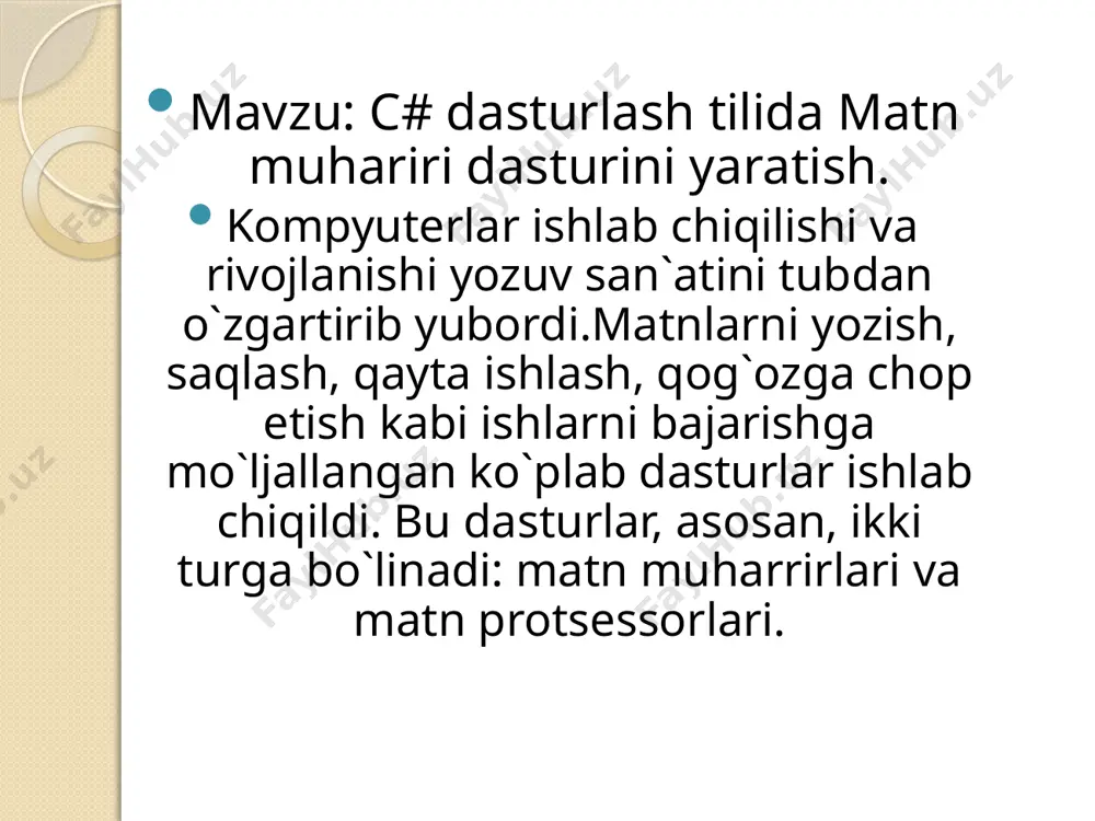 zni nomlaymiz. so`ngra enter tugmasini bosganimizda yangi ishchi oyna ochiladi. ekranda hosil bo`lgan ishchi oynani o`zimizga kerakli hajmga keltirib olamiz va menudan menustrip komponentini topib, shu komponentdan foydalanib oynaga file va edit buyruqlarini va yana qo`shimcha yordamchi buyruqlarni kiritamiz. so`ngra tabcontrol komponentidan foydalanib bloknotimin uchun oq listlar ochib, ochilgan tabpage1 oynamizga sichqonchani olib borib o`ng tomonini chertganimizda oynaga bir necha buyruqlar chiqadi. ular ichidan removetab buyrug`ini tanlab sichqonchani chap tugmasini bosamiz. shu ishni ikki marta takrorlaymiz. so`ngra ochgan listimizni oyna bo`ylab surib ekranni fayl hajmi bo`ylab listlarni tekislaymiz. endi esa biz bloknotimizda yangi list ochish uchun new tugmasiga buyruqlarni kiritishni boshlaymiz. buning uchun eng avvalo biz kursorni ekrandagi new buyrug`i ustiga olib borib sichqonchani chap tomonini bir marta bosamiz va kursorni ekranning o`ng tomonida joylashgan chaqmoqcha belgiga olib borib bir marta chap tomonini chertamiz va pastdagi hosil bo`lgan buyruqlar orasidan clikc buyrug`ini topib, uning to`g`risidagi katakchaga ham sichqonchani chap tugmasini …