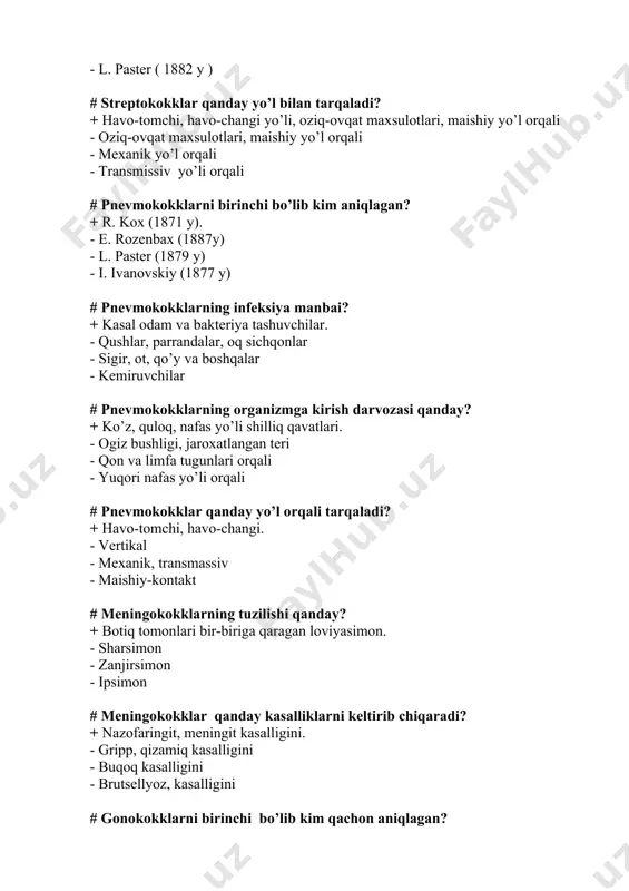 kklar qanday yo’l orqali yuqadi? + asosan jinsiy yo’l orqali, kam hollarda bilvosita kontakt yo’l orqali tarqaladi. - transmissiv, mexanik yo’l orqali - havo-tomchi, havo-changi yo’li orqali - vertikal yo’l orqali # ichak guruхi bakteriyalari qaysi oilaga qiradi? + enterobakteriya oilasiga. - streptococcaceae oilasiga - vubrionaceae oilasiga - micobacteriaceae oilasiga # ichak tayoqchasini birinchi bo’lib kim aniqlagan? + 1888 yil esheriх. - 1880 yil ebert - 1891 yil grigorev va 1898 yil yapon olimi shig - 1876 yil t. qlebs # esherixiylarning tarqalish yo’li qanday? + maishiy oilaviy va mexanik yo’l orqali. - transmissiv yo’l orqali - vertikal va alimentar yo’l orqali - alimentar yo’l orqali # esherixiylarni davolashda qanday dori vositalaridan foydalaniladi? + antibiotiqlardan va qoliprotey fagidan. - preparatlardan - baqteriofaglar - vak sinalardan # salmonellalar qaysi xossasigako’ra bir-biridan farq qiladi? + antigenliq xossasiga ko’ra. - toksigenliq xossasiga ko’ra - kultural xossasigako’ra - fermentativ xossasiga ko’ra # qorin tifi, …