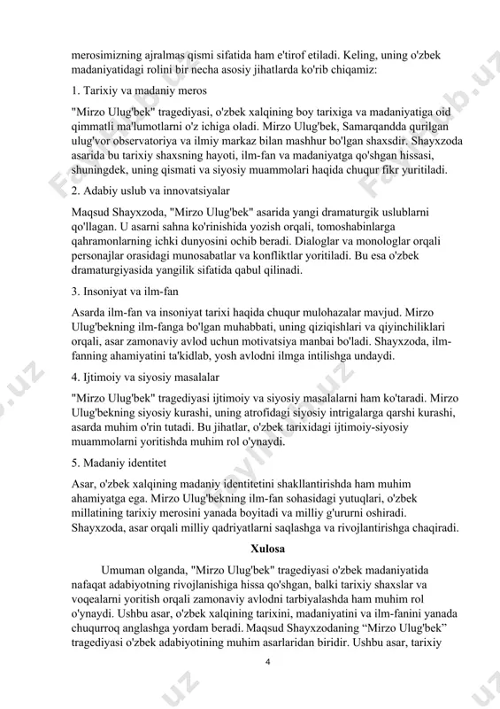 q ta’sir qiladi. ulug‘bek bilan abdulatif va uning atrofdagilar o‘rtasidagi qarama- qarshilik, umuman u bilan zamon o‘rtasidagi ziddiyat zindonda yotgan piri zindoniy bilan uchrashish lavhasida ham ochiladi, shu erda u o‘zini fojiaga olib kelgan ziddiyatlarning sababini anglab oladi. voqealar so‘ngida ulug‘bek abdulatifning munofiq, taxtparast ig‘vogar bo‘lib yetishganiga, uning shunday bo‘lishiga saroydagi muhit sabab bo‘lganiga qat’iy ishonch hosil qiladi. u dushman tomonidan shaharning qurshab olinishidan, xalqning och qolishi, noroziligining kuchayishidan dushmanning elchi yuborib taslim bo‘lishini talab etishidan azob chekadi, orzu - umidlari, ezgu niyatlari amalga oshmasligini his qiladi. "mirzo ulug'bek" tragediyasining o'zbek madaniyatidagi roli "mirzo ulug'bek" tragediyasi o'zbek madaniyatida muhim o'rin egallaydi. ushbu asar, o'zining tarixiy va madaniy ahamiyati bilan bir qatorda, adabiy merosimizning ajralmas qismi sifatida ham e'tirof etiladi. keling, uning o'zbek madaniyatidagi rolini bir necha asosiy jihatlarda ko'rib chiqamiz: 1. tarixiy va madaniy meros "mirzo ulug'bek" tragediyasi, o'zbek xalqining boy tarixiga va madaniyatiga oid qimmatli ma'lumotlarni o'z ichiga oladi. …
