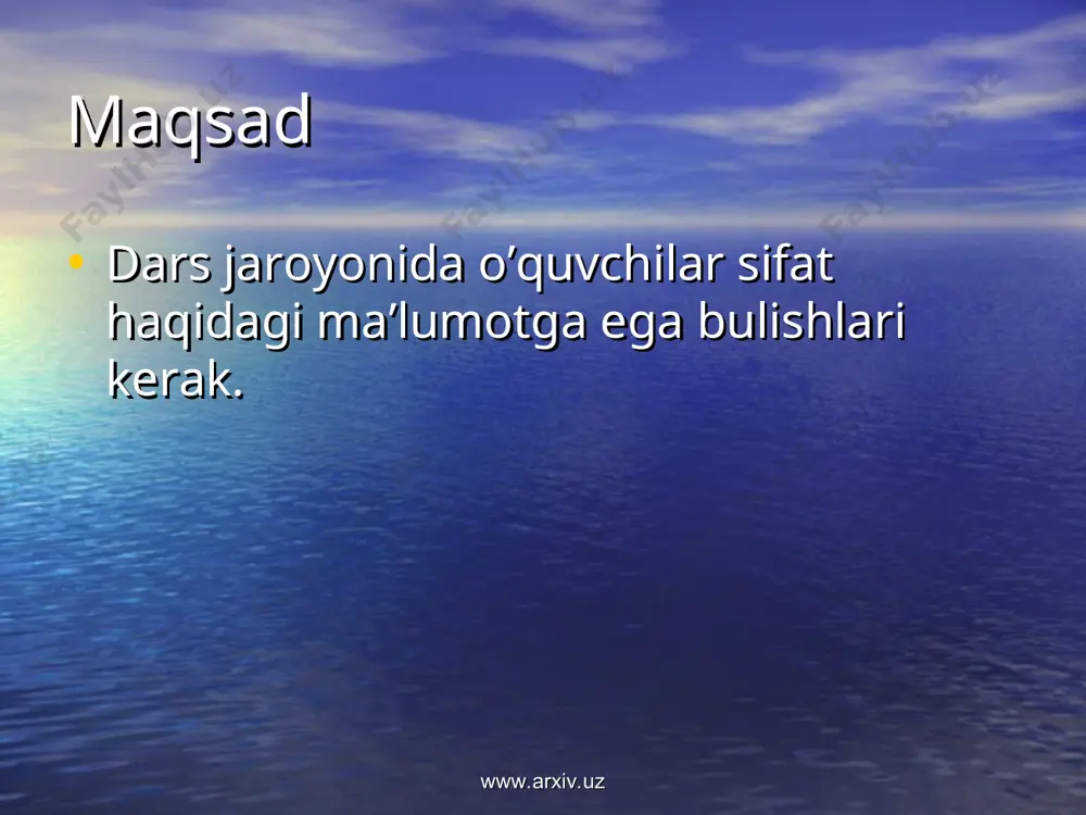 sh, baland, past, yoqimli, erksevar, yangi, esli-hushli, xushsurat, barra, xosiyatli, yuksak, sheryurak, yakkayu yagona, katta-kichik, chiroyli, jajjigina, shirin, yorig’, nurli, bilimli, keng, oppoq, ko’kimtir, tekis, ravon, sarg’sh, xushfe’l, a’lo. www.arxiv.uz www.arxiv.uz nuqtalar o’rniga zarur suzlarni qo’ying: safo,gulnora va omon chiqishdi dala tomon. hayratda qoldi safo, osmon shunday....... . o’rikzirda hamma yoq o’rik gulidan..... . maysazorda gulnora terdi...-..... lola. chopqilashib izma-iz yig’ishdi...... yalpiz, www.arxiv.uz www.arxiv.uz testlar 1. qushma sifatlarni aniqlang: a) xosiyatli, oqish; b) sheryurak, erksevar; c) yangi-yangi, lo’ppi-lo’ppi. 2. juft sifatlar qatorini toping: a) baland-past, katta-kichik; b) xushsurat, ko’m-ko’k; c) to’p-to’p, sap-sariq. www.arxiv.uz www.arxiv.uz tug’ri topding! ofarin!!! www.arxiv.uz www.arxiv.uz 3. sifatning tuzilishiga ko’ra turlarini aniqlang: a) sodda sifat, qo’shma sifat, juft sifat, takroriy sifat; b) oddiy sifat, qiyosiy sifat, orttirma sifat; c) ozaytirma sifat, takroriy sifat, jift sifat. www.arxiv.uz www.arxiv.uz javobingiz tug’ri!!! www.arxiv.uz www.arxiv.uz 4. “sheryurak” so’zi tuzilishiga ko’ra qanday sifat bo’ladi? a) rang-tus bildiruvchi sifat; b) qiyosiy darajadagi sifat; …