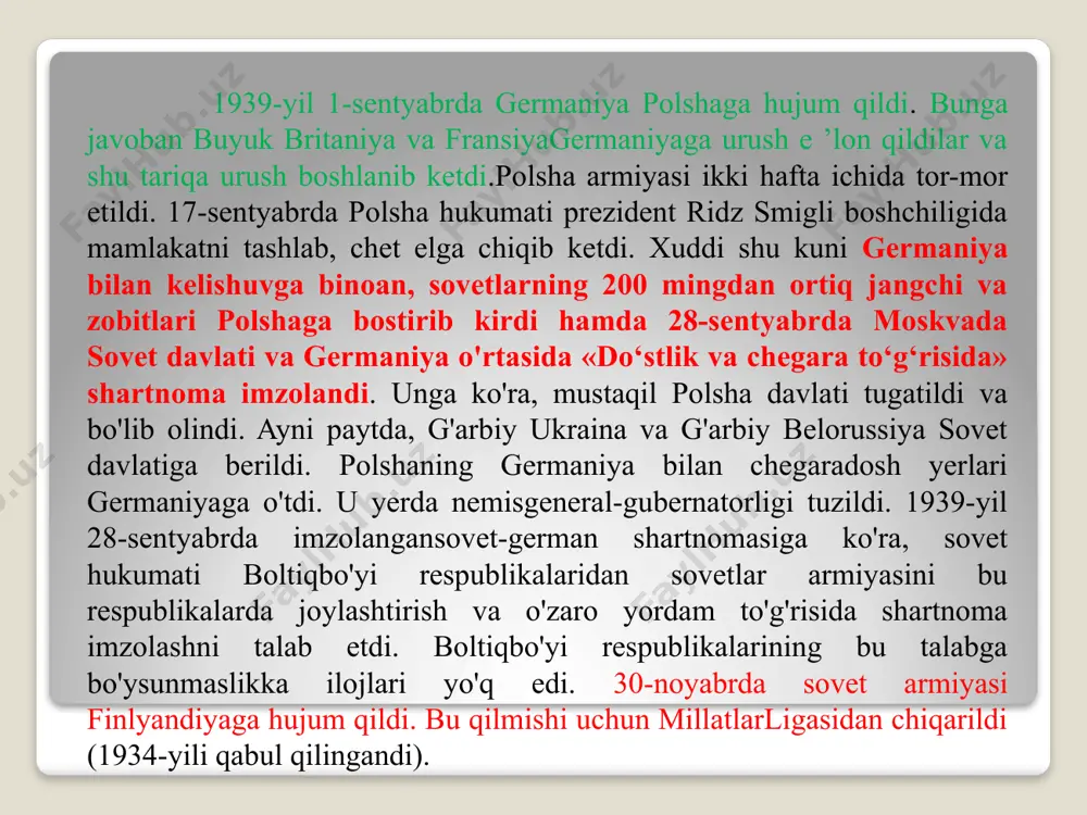 sosiy frontiga aylandi. germaniya dastlab sovet armiyasiga qaqshatqich zarba bera oldi. bunga armiyaning 40 mingga yaqin rahbarlar tarkibi repressiya qilinganligi,i. stalinning germaniya buyuk britaniyaga qarshi urushni tugallamay turib,ikkinchi frontda urush qilolmaydi, degan ishonchi sabab bo‘ldi. shuninguchun ham u armiyani to‘la harbiy tayyorgarlik holatiga keltirish haqidabuyruq bermagan edi. i. stalin hatto sovet razvedkasining aniq ma’lumotlarini ig‘vogarlik, deb hisoblagan edi. sovetlar armiyasi mardlarcha qarshilikko‘rsatib, qadam-baqadam chekinishga majbur bo‘ldi, lekin juda katta talafotlar berildi.1941-yilning qishiga kelib nemis armiyasi boltiqbo‘yi, moldova, ukraina,belorussiyani egalladi, leningrad shahrini blokada qildi. moskvaga esayaqinlashib qolgan edi. biroq germaniya o‘z maqsadiga erisha olmadi. u6—7 hafta ichida urushni tugallashni rejalashtirgan edi.1941-yilning dekabr oyida sovet armiyasi qarshi hujumga o‘tishga muvaffaqbo‘ldi. bu hujum natijasida nemis armiyasi moskvadan 100—250 kmgacha uzoqlikka uloqtirib tashlandi. moskva ostonalarida erishilgang‘alaba germaniyaning yashin tezligidagi urush rejasini barbod qildi. 1941-yili 7-dekabr kuni yaponiya harbiy-dengiz flotiaviatsiyasi aqshning gavay orollarida joylashgan pirl-xarbor buxtasida joylashgan harbiy-dengiz kuchlariga hujum boshladi. aqsh floti katta talafot …