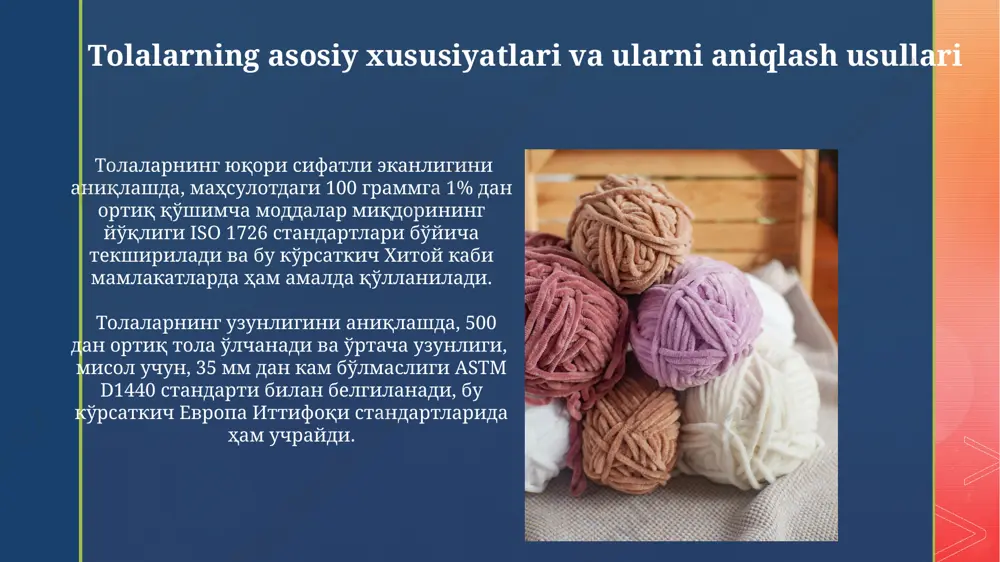1-sinf paxta tolalarining uzunligi 35 mm dan kam bo'lmasligi kerak, bu esa to'qimachilik sanoatida yuqori sifatli matolar ishlab chiqarish uchun muhim omil hisoblanadi. viskoz tolalarining namlik singdirish qobiliyati iso 5084 standartiga muvofiq 11% atrofida bo'lishi va shveysariya laboratoriyalarida o'tkazilgan sinovlarda tasdiqlangan bo'lishi zarur. sinov usullari va jihozlari химиявий толалар ва ип-йигирларнинг сифатини баҳолашда европа ва ақшнинг таълим муассасалари ва лабораторияларида қўлланиладиган 50 га яқин турли синов усуллари ўрганилиб, амалиётга татбиқ этилмоқда. тошкент шаҳрида жойлашган текстиль саноати компанияларида ип-йигирларнинг микроструктурасини таҳлил қилиш учун сканерли микроскоплар ва 1000x гача катталаштириш имкониятига эга бошқа юқори аниқликдаги жиҳозлар кенг қўлланилади. ipning tozaligi va ifloslanish darajasi standartlari ўзбекистон республикасидаги ип-газлама маҳсулотларининг ифлосланганлик даражасини аниқлаш учун 0,5% дан 3% гача бўлган миқдордаги чекланган ифлослантирувчилар миқдорини белгилайдиган миллий стандартлар мавжуд. турли хил толалар (пахта, жут, каноп) учун ипнинг тозалиги ва ифлосланганлик даражасига қўйиладиган талаблар хитойдаги gb/t 13841 стандартида 10 та параметр бўйича аниқ белгиланган бўлиб, бу параметрлар …