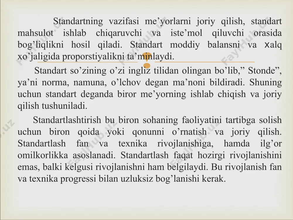 ’ektlar ko’zda tutadilar. standartlarni uchta darajasini ajratadilar: standartlar bilan birga, standartlash sohasida ko’pgina sanoat tarmoqlarida keng qo’llanadigan me’yoriy-texnik hujjat bu texnik shartlar. texnik shartlarda mahsulotga, uni ishlab chiqarishga va nazoratiga qo’yiladigan barcha talablar bo’lishi shart. bu shartlarni to’qimachilik mahsulotlar uchun engil sanoat vazirligi tasdiqlaydi. keyingi yillarda to’qimachilik mahsulotlari standartlash sohasida texnik tasvirlar keng qo’llanilyapti. ularni bitta aniq mahsulot namunasi (modeli) uchun tuzadilar va shu turdagi mahsulotda davlat, tarmoq standarti yoki texnik shart bor bo’lsa. texnik tasvirda mahsulot namunasi (modeli)ni ishlab chiqarish jarayonini ayrim parametrlariga talablar belgilanadi. texnik taraqqayotni jadallashtirish, mehnat unumdorligi va ishlab chiqarish samaradorligini oshirish; mahsulot sifatini yaxshilash va uning optimal darajasini ta’minlash; jahon bozori talablariga javob beradigan, yuqori sifatli mahsulotlar ishlab chiqarish shartlarini ta’minlash; halq xo’jaligini boshqarishni tashkil qilishni takomillashtirish; mahsulotni ishlab chiqarish va loyixalash sohasida ixtisoslashni rivojlantirish; ishlab chiqarish fondlarini rastonal ishlatish, mehnat va moddiy resurslarni tejash; ishchilarning zmehnat muhofazasini va aholi sog’ligini ta’minlash; halqaro iqtisodiy, texnik …
