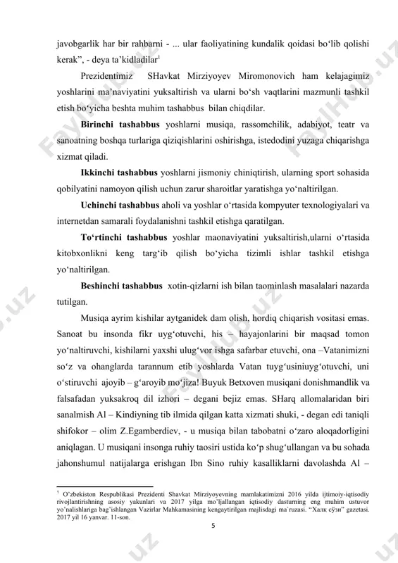 kuch qoʻshadi. mutafakkirning musiqa va tabobatga qarshi yaoni, doir ana shu muloxazalari hozirgi kunda ham oʻz qimmatini yoʻqotmagan.uning mazmunida xalqimizning milliy ruhiyati, oliy insoniy fazilatlari, badiiy madaniyati istiqlol va mustaqillik uchun kurash hamda orzu umidlari aks yetadi. [2: 2 [1] абу али ибн сино., тиб қонунлари: (3 жилд сайланма.) тузувчилар: у.каримов, ҳ. хикматиуллаев. ж. 2.-тошкент.: а. қодирий номидаги халқ мероси нашриёти, 1993.-304 бет.] “musiqa deb atalmish ilohiy bu moʻjizada shunday bir sehr mujassamki, uni tushunish, tasirini sezish uchun hech qanday tarjimonning keragi yuq” degan edi. brinchi prizidentimiz i.a.karimov. shuning uchun ham oʻzbek xalqining musiqiy ogʻzaki ijodi, hunarmandchiligi, memorchiligi, adabiyoti qanchalik qadimiy boʻlsa, uning musiqasi shu qadar qadimiy deb ayta olamiz. kelajagi buyuk davlatimizning vorislari, boʻlajak yosh avlodni munosib tarbiyalab voyaga yetkazish oʻqituvchi kadrlarni har tomonlama yetuk, jismonan baquvvat, manaviy va mafkuraviy jihatdan barqaror, milliy istiqlol gʻoyalarini chuqur anglagan, badiiy yuksak didli inson qilib tarbiyalashga bevosita bogʻliqdir. o‘quvchilarni xususan musiqa xalqimizning …
