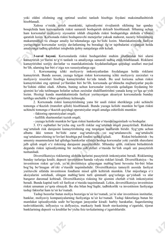 ar xo‘jalik-moliyaviy faoliyatida yuzaga keladigan risklarni kamaytirishning jahon tajribasini keng o‘rgangan holda amaliyotda qo‘llash bo‘yicha asosiy e’tiborli jihatlarni tadqiq etish dolzarb ahamiyatga ega. korxonalar moliyaviy risklarni boshqarish jarayoni o‘ziga xos bosqichlardan iboratdir. korxonalarda moliyaviy risklarni boshqarish jarayonining birinchi bosqichida moliyaviy risklarni boshqarishga doir asosiy yo‘nalishlar ya’ni, korxona faoliyatiga ta’sir etuvchi tashqi va ichki omillarni aniqlash, risklarni boshqarishga doir aniq maqsadlarni belgilash hamda riskka moyillikni aniqlashdan iborat bo‘ladi. keyingi asosiy bosqich risklarni baholash bosqichi bo‘lib, bunda alohida quyi bosqichlar tizimi ishlab chiqilishi lozim: 1. risklarni aniqlash. korxona moliyaviy menejerlari korxona xo‘jalik-moliyaviy faoliyati xususiyatlaridan kelib chiqqan, korxonada yuzaga kelishi mumkin bo‘lgan risklarni ularning tavsifi, vujudga kelish manbalari hamda yakuniy natija va oqibatlarini aniqlashi muhim ahamiyat kasb etadi. 2. risklarni taxlil qilish. har qanday korxona rahbari yoki moliyaviy menejerining asosiy funksiyalaridan biri risklarni to‘g‘ri tahlil qilish asosida boshqaruv qarorlarini qabul qilish hisoblanadi. risklarni baholashning ushbu bosqichida korxonada yuzaga kelishi mumkin bo‘lgan risklarni to‘g‘ri …