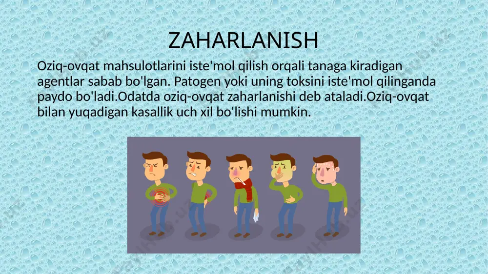 zotoksin oziq-ovqat yuqadigan infektsiyalarda ishtirok etadigan e. coli shtammlari quyidagi guruhlarga bo'linadi: enteropatogenitik e.coli enterogemmoragik e.coli enteroaggregativ e.coli entiroinvaziv e.coli enterotoksigenik e.coli enteropathogenic e. coli oʻrtacha invaziv mikrovorsinka yo'q qiladi enterotsitlarni yo’q qiladi lt yoki st ishlab chiqarmaydi; toksin odatda infantil diareya;etek ga o‘xshash suvli diareya, biroz yallig‘lanish, isitma yo‘q; chaqaloqlar va bolalardagi diareya bilan bog'liq. enterotoksin ishlab chiqarmaydi. ko'p emas/o'rtacha invaziv. yuqori ingichka ichak shilliq qavatiga yopishib, cho'tka chegarasidagi mikrovorsinkalarning buzilishiga olib keladi enteroaggregative e. coli • ular yosh bolalarda yallig'lanishsiz, isitmasiz, doimiy diareya bilan kechadi ayniqsa rivojlanayotgan mamlakatlarda. issiqqa chidamli enterotoksin hosil qiladi. gemolizin fermenti hep-2 va inson laringeal karsinoma hujayralariga yopishib oling noinvaziv enterotoksinlarni ajratmaydi bakteriya hujayralari avtoaglyutinatsiyalanadi enteroinvasive e. coli eiec shtammlari ko'pchilik bemorlarda suvli diareya bilan tavsiflangan kasallikni keltirib chiqaradi. • bundan tashqari, isitma, ko'ngil aynishi va qorin bo'shlig'ida kramplar mavjud. • bemorlarning 10% dan kamida qonli diareya kuzatilishi mumkin. • kasallik odatda o‘z-o‘zidan o‘tib …