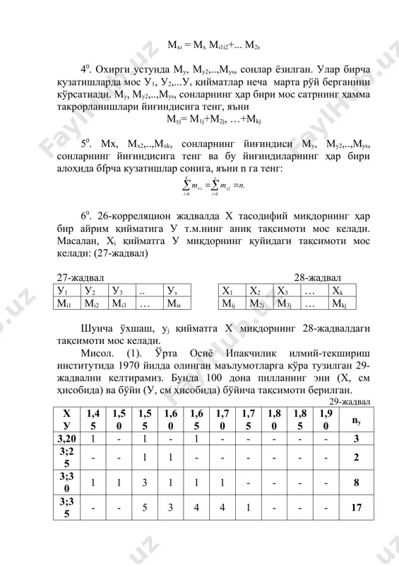 x1 x2 x3 … xk mi1 mi2 mi3 … mis mij m2j m3j … mkj шунча ўхшаш, уj қийматга х миқдорнинг 28-жадвалдаги тақсимоти мос келади. мисол. (1). ўрта осиё ипакчилик илмий-текшириш институтида 1970 йилда олинган маълумотларга кўра тузилган 29-жадвални келтирамиз. бунда 100 дона пилланинг эни (х, см ҳисобида) ва бўйи (у, см ҳисобида) бўйича тақсимоти берилган. 29-жадвал х у 1,45 1,50 1,55 1,60 1,65 1,70 1,75 1,80 1,85 1,90 ny 3,20 1 - 1 - 1 - - - - - 3 3;25 - - 1 1 - - - - - - 2 3;30 1 1 3 1 1 1 - - - - 8 3;35 - - 5 3 4 4 1 - - - 17 3,40 - 1 5 8 3 4 3 - - - 24 3,45 - - - - 6 5 2 - - 1 14 3,50 - - - 2 1 3 3 …