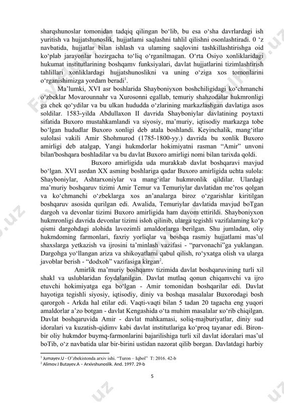 gan; 3) faqat amir muhri bilan imzolangan. har bir yorliqni berilishiga munshiy foydasiga 3,5 tilla, inoqqa - 5 tilla va parvonachiga - 7 tilladan badallik to‘lovijoriy qilingan edi. hokimiyat tizimida amaldorlar katta mavqega ega edilar. amaldorlar ichida otaliq - shahzoda va xonzodalarning tarbiyachisi mansabi eng asosiy lavozimlardan biri hisoblangan. xvii asr hujjatlarida otaliq - birinchi vazir sifatida tilga olinib, u mamlakatdagi sug‘orish ishlarini boshqargan . otaliqdan so‘ng, ikkinchi mansabdor - devonbegi (devonbegi-kalon) bo‘lgan. sharqshunoslaming ma’lumotlariga ko'ra, u bir vaqtda devonxona mahkamasi boshlig‘i va moliyaviy ishlar bo‘yicha vazir lavozimlarida faoliyat ko‘rsatgan. devonbegi mamlakatdagi xiroj yig‘imlarini nazorat qilgan. viloyat va tumanlardan ma’lum bir xiroj summasi o‘miga natural shaklida to‘lanadigan bug‘doy uchun maxsus chek yoki berat rasmiylashtirilib, devonbegi va amir muhri bilan tasdiqlangan. 0‘z navbatida devonbegi hisob-kitoblar daftarini yuritishga ham mas’ul edi. ushbu daftardagi kirim-chiqim hisobotlari amirlikda sir tutilgan va maxfiy saqlangan. devonbegi amirlik hokimiyat tizimidagi to‘rtinchi pog‘onada turuvchi - “ahli qalam”ning boshlig'i …