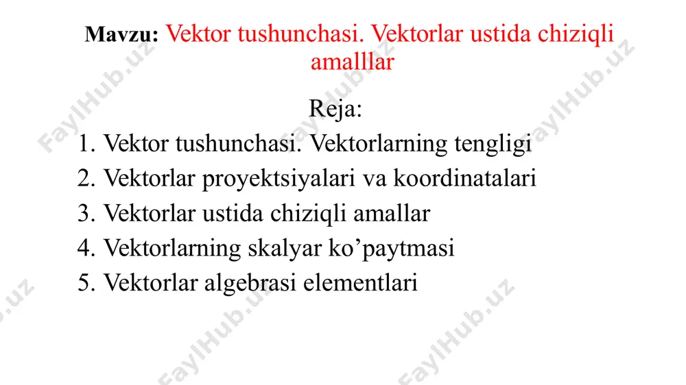 𝐴𝐵 vektor berilgan bo’lsin. chizmadagi 𝐴1𝐵1 kesmaga 𝐴𝐵 vektorning 𝑂𝑥 o’qdagi proyektsiyasi deyiladi. xuddi shuningdek 𝐴2𝐵2 kesmaga 𝐴𝐵 ni 𝑂𝑦 o’qdagi proyektsiyasi deyiladi. ∆𝐴𝐵𝐶 dan 𝐴1𝐵1 = 𝐴𝐶 = 𝑃𝑟𝑂𝑋𝐴𝐵= 𝐴𝐵 𝑐𝑜𝑠𝛼=𝑎𝑥, 𝐴2𝐵2 = 𝐵𝐶 = 𝑃𝑟𝑂𝑌𝐴𝐵= 𝐴𝐵 𝑠𝑖𝑛𝛼=𝑎𝑦, bu yerda 𝑎𝑥 = 𝑥2 − 𝑥1, 𝑎𝑦 = 𝑦2 − 𝑦1 bir juft (𝑎𝑥, 𝑎𝑦) songa 𝐴𝐵 vektorning koordinatalari deyiladi. demak, 𝑂𝑥𝑦 tekislikda berilgan har qanday nolmas vector o’zining 𝑎𝑥 𝑣𝑎 𝑎𝑦 koordinatalari orqali to’la aniqlanadi va uni 𝐴𝐵(𝑎𝑥, 𝑎𝑦) yoki 𝑎→(𝑎𝑥, 𝑎𝑦) ko’rinishda yoziladi. 𝐴𝐵(𝑎𝑥, 𝑎𝑦) koordinatalari bilan berilgan vektor uzunligi ushbu 𝑑 = 𝐴𝐵 = 𝑎2 + 𝑎2 = 𝑥 𝑦 formuladan aniqlanadi. (𝑥2−𝑥1)2 + (𝑦2−𝑦1)2 (1) 𝑎𝑥 𝑐𝑜𝑠𝛼 = = 𝑥2−𝑥1 va cos(90° − 𝛼) = 𝑎𝑦 = 𝑦2−𝑦1 lar 𝐴𝐵 𝑑 𝐴𝐵 𝑑 𝐴𝐵 vektorning yo’naltiruvchi kosinuslari deyiladi. bu yerda 𝑐𝑜𝑠2𝛼 + 𝑠𝑖𝑛2𝛼 = 1 ga teng. 1-misol. a(1; 3) va b(4; 7) nuqtalar berilgan. 𝐴𝐵 …