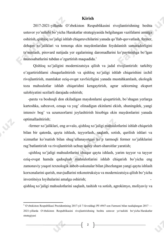 qishloq xo’jaligi mahsulotlarini chuqur qayta ishlash, yarim tayyor va tayyor oziq-ovqat hamda qadoqlash mahsulotlarini ishlab chiqarish bo’yicha eng zamonaviy yuqori texnologik asbob-uskunalar bilan jihozlangan yangi qayta ishlash korxonalarini qurish, mavjudlarini rekonstruksiya va modernizatsiya qilish bo’yicha investitsiya loyihalarini amalga oshirish; -qishloq xo’jaligi mahsulotlarini saqlash, tashish va sotish, agrokimyo, moliyaviy va boshqa zamonaviy bozor xizmatlari ko’rsatish infratuzilmasini yanada kengaytirish; -sug’oriladigan yerlarning meliorativ holatini yanada yaxshilash, melioratsiya va irrigatsiya obyektlari tarmoqlarini rivojlantirish, qishloq xo’jaligi ishlab chiqarish sohasiga intensiv usullarni, eng avvalo, suv va resurslarni tejaydigan zamonaviy agrotexnologiyalarni joriy etish, unumdorligi yuqori bo’lgan qishloq xo’jaligi texnikasidan foydalanish; -kasallik va zararkunandalarga chidamli, mahalliy yer-iqlim va ekologik sharoitlarga moslashgan qishloq xo’jaligi ekinlarining yangi seleksiya navlarini hamda yuqori mahsuldorlikka ega hayvonot zotlarini yaratish va ishlab chiqarishga joriy etish bo’yicha ilmiy-tadqiqot ishlarini kengaytirish; -global iqlim o’zgarishlari va orol dengizi qurishining qishloq xo’jaligi rivojlanishi hamda aholining hayot faoliyatiga salbiy ta’sirini yumshatish bo’yicha tizimli chora-tadbirlar ko’rish. hozirgi davrda mamlakatimizda olib …
