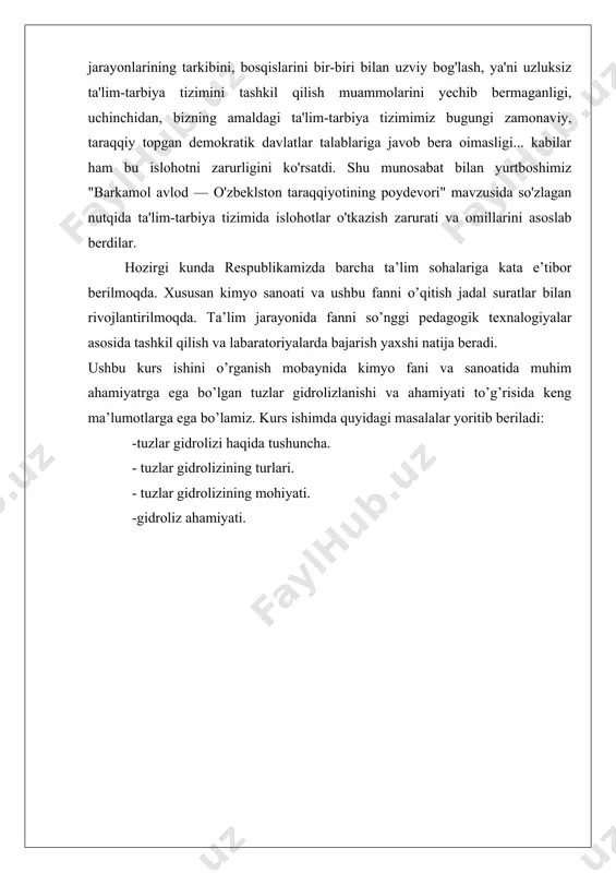 ganik moddalar-tuzlar ,karbidlar,galogenlar,metalmaslarning galogenidlari va boshqalarning gidrolizlanishiga ham taaluqlidir. umuman, biror moddaga suv ta’sir ettirilganda, shu moddaning tarkibiy qismlari suvning tarkibiy qismlari bilan birikishiga olib boradigan har qanday reaksiya gidroliz deb ataladi. agar erituvchi suvdan boshqa modda (spirt, benzol, atseton, ammiak…) bo’lsa, bunday reaksiyalar solvoliz deyiladi. gidroliz so’zi yunoncha “gidro”-suv, “lizis”-parchalayman degan ma’noni bildiradi. gidroliz reaksiyalarini quydagicha umumiy tenglama bilan ifodalash mumkin: kat an +h2o↔kat oh+h an tuz+suv↔asos+kislota tenglamadan ko’rinibturibdiki, tuz suvda eriganda u suv molekulalari bilan reaksiyaga kirishib, yomon dissotsialanuvchi modda hosil qiladi, ya’ni gidroliz reaksiyasi natijasida eritmadagi [oh-] va [h+] ionlarning miqdori keskin o’zgaradi. aniqrog’i gidroliz natijasida eritmaning ph i o’zgaradi va bu o’zgarish harqanday tuz gidrolizinin gmexanizmi tushunishda, gidroliz tenglamasini tuzishda gidroliz reksiyalaridan amaliyotda foydalanishda asosiy ko’rsatgich hisoblanadi. masalan: fosfor(iii)xlorid pcl3suv bilan o’zaro ta’rir etib, fosfit kislota h3po3 bilan xlorid kislotani hosil qiladi: pcl3 + 3h2o = p(oh)3 + 3hcl ma’lumki, kislotalarni asoslar bilan neytrallab, tuzlar hosil …