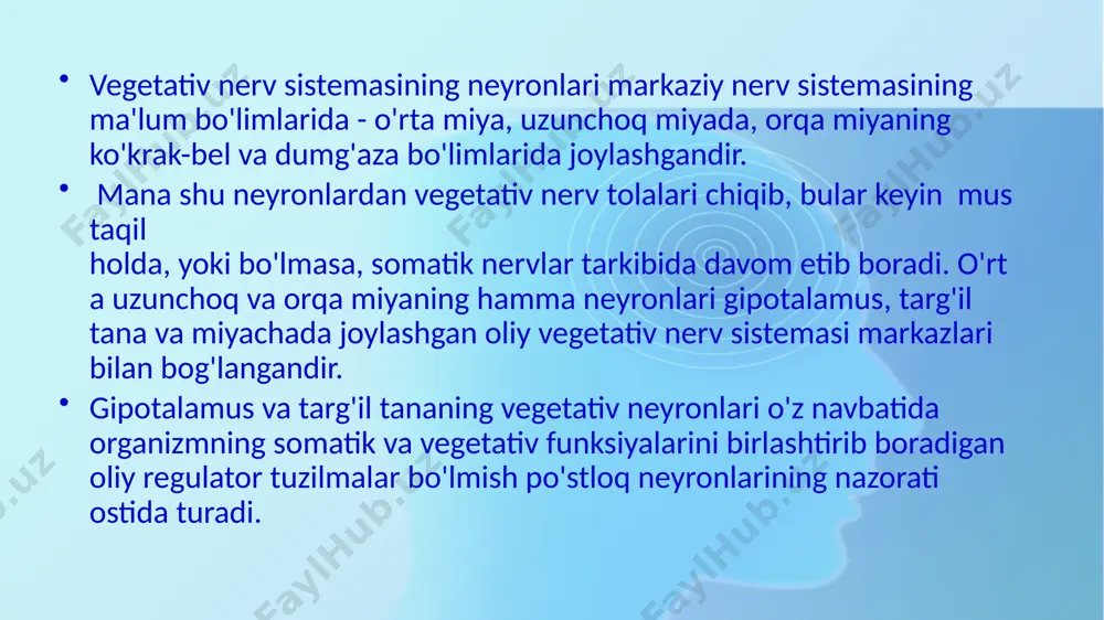 funksiyasini tekshirish vns baholashda bemorning tana tuzilishi, teri osti yog’ qavatining rivojlanganligi, teri rangi va namligi, tana harorati, puls, nafas, aqb, qorachiqning kengligi hisobga olinadi. buning uchun bir qator sinamalar o’tkazish kerak. dermagrafizm sinamasi – ko’krak qafasining yuqoridagi qismi chiziqsimon ta’sirlantiriladi. bunda vagotoniyada qora dermagrafizm va simpatikotoniyada esa oq dermagrafizm aniqlanadi. klinostatik sinama – bemor vertical holatdan gorizontal holatga o’tganda puls 10 – 12 taga kamayadi. ortostatik sinama – bemor gorizontal holatdan vertical holatga o’tganda puls 10-12 ur/min ga, qon bosimi 5-10 mm.sim.ust.ga oshadi. ko’z – yurak refleksi – sog’lom odamda ko’z olmasi bosilganda puls 6-12 ur/min.ga kamayadi. solyar refleks – quyosh chigali bosilganda puls 4-12 ur/min.ga kamayadi. aspirin sinamasi – bemorga 1 gr tabletkada aspirin ichiriladi. bu sog’lom odamlarda diffuz terlasni yuzaga keltiradi. gipotalamus va uning tarkibiy tuzilmalari zararlanganda terlash kuzatilmaydi. teri haroratini aniqlash – bu elektrotermometr yordamida tananing simmetrik joylarida o’tkaziladi. image2.jpeg image3.jpeg image4.jpeg image1.png