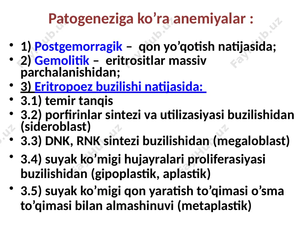 меж- и внутрииндивидуальными различиями temir metabolizmi yo’qotishlar axlat, siydik, epiteliy 1-2 mg/sut 10 % makrofaglar ovqatdagi temir 10-20 mg/sut ohqdan so’rilishi 1-2 mg/sut depo 100-400 mg ayollarda plazma transferrini 4mg eritroblastlar нb sintezi eritrositlar parchalanishi 1/120 kun 7 ovqat bilan 10-20 mg temir 10% fiziologik yo’qotish so’riladi 0,6 mg 1,8-2,0 mg -12 barmoq ichak - ingichka ichak yuqori qismi organizmga tushishi -ter -teri epiteliysi, ichak shilliq qavati ko’chib tushishi -hayz sikli  temirga talab  temirni yo’qotish odatda: 1 - 2 mg/sut 1 - 2 mg/sut hayzda: 2,4 mg/sut 20 mg fe/oyda menorragiyada : 3,5 mg/sut 40 mg fe/oyda homiladorlikda : 6 mg/sut 800 mg/davrda laktasiyada : 3 mg/sut 1 mg/sut sut bilan o’smirlarda : 2 - 4 mg/sut 9 organizmda temir gemoglobinda temir – hamma temirning 60-65% i. temir zahirasi (20-30%): 1) ferritinin – temir gidroksidi va oqsilning suvda eruvchi birikmasi. 2) gemosiderin – suvda erimaydigan oqsil, ko’proq temir …