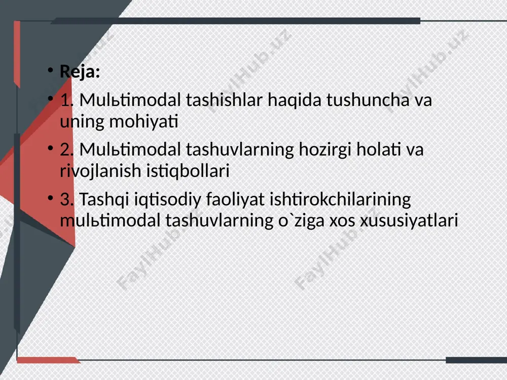 ing maʼlum sonli qismini taqdim etadigan yirik kompaniyalarning nomi va tajribasidan foydalanish imkoniyatidir. piggibacking - bu biznesdagi oʻz oʻrnini egallab turgan firmalar sheriklar bilan xizmatlarni oqilona taqsimlashni taʼminlaydigan holatdir. ikkinchi shakl - konteyner tashish. ushbu multimodal transportning bir turi. umuman olganda konteynerlarda 25 ta transport (dengiz, avtomobil, temir yoʻl va hatto havo) ishlatilishi mumkin, ammo xalqaro konteyner transportining asosiy oqimi (90% gacha) rossiya federatsiyasidan olinadigan bojxona statistikasiga asosan dengizga xizmat koʻrsatadi. yaqinda temir yoʻl konteynerlarini tashish boʻyicha mijozlarning qiziqishi ortib bordi. fiata yuk tashish faoliyatini amalga oshirish va bajarish tartibi bilan bogʻliq hujjatlar odatda fiata ekspeditorlik hujjatlari deb ataladi. shu bilan birga, quyida sanab oʻtilgan barcha hujjatlar toʻgʻridan toʻgʻri transport-ekspeditorlik munosabatlarining shartnoma bilan taʼminlanishi, yaʼni transport-ekspeditorlik xizmatlarini koʻrsatish bilan bogʻliq. baʼzi hujjatlar yordamchi, baʼzi hujjatlar transport va yuk sertifikatlari rolini oʻynaydi, baʼzi fiata hujjatlari, aslida, transport va tashish hujjatlaridir. fiata hujjatlarini ishlab chiqish, yaratish va amalga oshirish nafaqat tovarlar va …