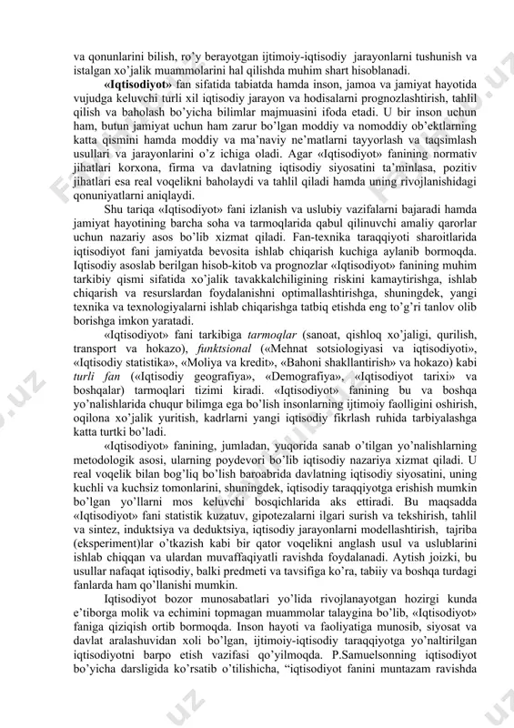 har bir jabhasini qamrab oladi. oila qurish, kelajak avlodni tarbiyalash, zaruriy turmush tarzini ta’minlash uchun odamlarga oziq-ovqat, kiyim-bosh, turarjoy va boshqa vositalar kerak bo’ladi. bu predmetlar, qoidaga ko’ra, iqtisodiyotning turli tarmoqlaridagi korxonalarda ishlab chiqariladi. shu sababli iqtisodiyotning, ayniqsa, avvalgi ma’muriy-buyruqbozlik tizimidagi rejali iqtisodiyotdan farq qiluvchi bozor iqtisodiyotining rivojlanish tendentsiyalari va qonunlarini bilish, ro’y berayotgan ijtimoiy-iqtisodiy jarayonlarni tushunish va istalgan xo’jalik muammolarini hal qilishda muhim shart hisoblanadi. «iqtisodiyot» fan sifatida tabiatda hamda inson, jamoa va jamiyat hayotida vujudga keluvchi turli xil iqtisodiy jarayon va hodisalarni prognozlashtirish, tahlil qilish va baholash bo’yicha bilimlar majmuasini ifoda etadi. u bir inson uchun ham, butun jamiyat uchun ham zarur bo’lgan moddiy va nomoddiy ob’ektlarning katta qismini hamda moddiy va ma’naviy ne’matlarni tayyorlash va taqsimlash usullari va jarayonlarini o’z ichiga oladi. agar «iqtisodiyot» fanining normativ jihatlari korxona, firma va davlatning iqtisodiy siyosatini ta’minlasa, pozitiv jihatlari esa real voqelikni baholaydi va tahlil qiladi hamda uning rivojlanishidagi qonuniyatlarni …