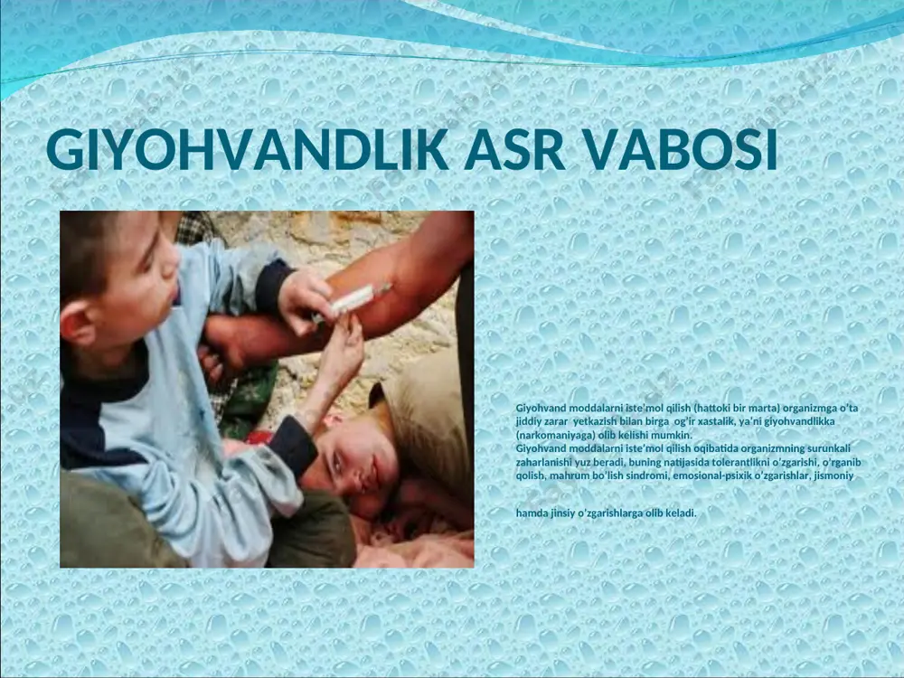 olatiga tushadilar, oddiy so’z bilan aytganda, kayf qiladilar. ba’zi bir holatlarda organizmning zaharlanishi, undan so’ng o’lim holatlari ham kuzatilmoqda. giyohvandlik hozirgi kunda yoshlar hayotiga xavf solayotgan jiddiy va global muammolarga aylanib qolmokda. unga ruju qo’yish nafaqat yoshlar hayotiga xavf soladi, shuningdek, u ko’p davlatlarda terrorizm, qo’poruvchilik va boshqa salbiy oqibatlarga sabab bo’lyapti.