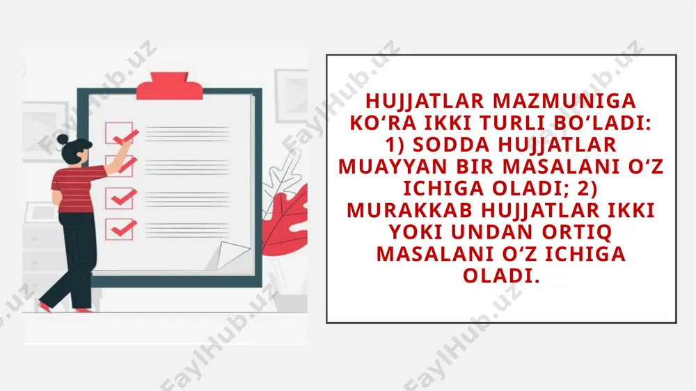 oziladi. tashkilotning umumiy qabul qilingan (huquqiy hujjatlarda tasdiqlangan) qisqartma nomi bo‘lsa, u alohida satrda qavsga olinmay beriladi. masalan: «o‘zbekiston milliy ensiklopediyasi», davlat ilmiy nashriyoti, o‘zme «tarkibiy tarmoqning nomi», odatda, faqat ichki hujjatlarda (arizalar, bildirishnoma, tushuntirish xatlari, ta’tillar grafiklari va sh.k.da) ko‘rsatiladi. «tashkilotning manzil ma’lumotlari»dan faqat yozishmalarda foydalaniladi, ichki hujjatlarda umuman qo‘yilmaydi. tashkilotning manzil ma’lumotlari korxonalar bilan pochta, telegraf, telefon aloqalari uchun, shuningdek, banklarda pul-hisob muomalalari (hujjatda hisobraqami ko‘rsatilgan bo‘ladi) o‘tkazish, moliyaviy va statistik kodlar uchun zarur bo‘ladi. pochta va telegraf manzili o‘zbekiston respublikasi aloqa vazirligining pochta qoidalari talablariga muvofiq rasmiylashtiriladi, ya’ni pochta aloqa bo‘limi raqami, respublika, o‘lka, viloyat, tuman, shahar, ko‘cha, uy va ofis raqami qo‘yiladi. «matn sarlavhasi». aksariyat hujjatlar uchun uning mazmunini aks ettiruvchi qisqa va aniq sarlavha bo‘lishi kerak. tashkilot nomidan so‘ng katta harflar bilan yoziladi. masalan: «qomuslar bosh tahririyati» nomini va tuzilmasini qayta tashkil etish haqida». hujjatning chap tomonidagi yuqori burchakda (ba’zi hollarda o‘rtaga) blanka rekvizitlaridan so‘ng …