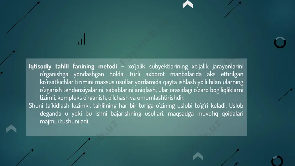 ham sabab-oqibat bog’lanishlarini, omillarning natijaviy ko’rsatkichga ta‘sirini hisob-kitob qilish imkoniyatini beradi. ushbu usul ham mutlaq ifodalarga tayangan holda omillar ta‘sirini foizli birliklarda, natijani o’zgartirishini uzviy ketma ketlikda hisob-kitob qilishni talab etadi. nisbiy farq usuli image6.jpg image7.png image8.png image2.png image3.png image4.png image5.png