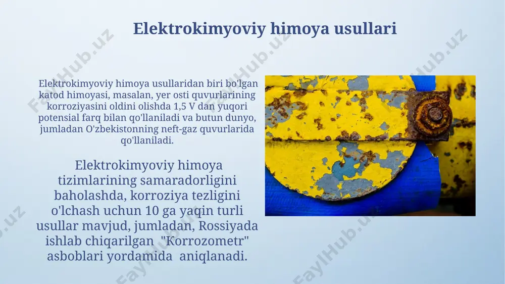 , metall sirtlarini namlik va kislota ta'siridan himoya qiladi. bunday qoplamalar, samarqanddagi tarixiy binolarni himoya qilishda qo'llanilishi mumkin va ularning xizmat muddati 15 yilgacha yetishi mumkin. korroziyaga ta'sir etuvchi omillar ph darajasi 5 dan past bo'lgan kislotali muhitlarda, masalan, sulfat kislotasi mavjud bo'lgan sanoat korxonalarida, metallarning korroziyasi 10 baravar tezlashadi. temirning korroziyasi tezligi 25°c da dengiz suvida 1 mm/yilgacha, lekin namangan viloyatining quruq iqlim sharoitida 0,1 mm/yil atrofida bo'lishi mumkin. bu geografik joylashuvning ta'sirini ko'rsatadi. e'tiboringiz uchun rahmat @taqdimot_robot image4.png image5.jpg image6.jpg image7.jpg image8.jpg image9.jpg image10.jpg image11.jpg image12.jpg image13.jpg image3.jpeg