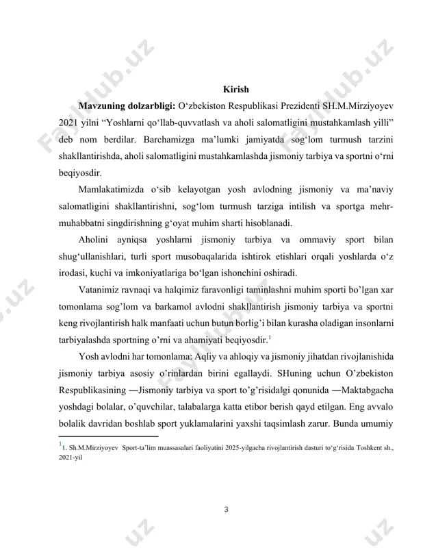 sog’lom turmush tarzini shakllantirishda ularni barkamol inson bo’lib yashashida qonunbuzarlik va boshqa salbiy illatlardan holis etishdan asosiy omil bo’lib hizmat qiladi.[footnoteref:2] [2: pavlov sh.k. abdalimov a.o. ―podggotovka i kontrol sorevnovatelnoy deyatelnosti vratarey ganlbolistov razlichnoy kvalifikatsii‖ met posobe toshkent 2015 y.] kurs ishining maqsadi: gandbol o‘yini orqali o‘yinchilar jismoniy chiniqadi, kuch, tezlik, chidamlilik va muvozanatni rivojlantiradi kurs ishining vazifasi: gandbol jamoaviy sport turi bo‘lib, o‘yinchilar bir-biri bilan hamkorlik qilishni o‘rganadi. i.bob. musobaqani tashkil etish va o’tkazish. 1.1.musobaqalarni boshqarish. musobaqalarni tayyorlash va o’tkazishga umumiy rahbarlikni amalga oshiradigan tashkilot, shuningdek, musobaqani o’tkazish uchun aniq javobgar shaxs bo’lishi, musobaqalar joyini tayyorlash, sportchi va hakamlarni kutib olish, joylashtirish, ovqatlantirish, ularga tibbiy xizmat ko’rsatish, shuningdek, madaniy tadbirlarni o’tkazish uchun ham javobgar tayinlanishi kerak. gandbol musobaqalari o’quv-mashg’ulot ishlarining asosiy qismini tashkil etadi. u shug’ullanuvchilarning mashg’ulotlarga qiziqishini oshiradi, mamlakatda qo’l to’pini ommaviy rivojlantirishga yordam beradi. gan-bolchi o’yinlarda muntazam qatnashmay turib yuqori natijalarga erisha olmaydi. musobaqalar musobaqa qatnashchilarining va, …