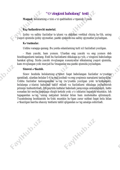 "o‘zingizni baholang" testi — PDF
