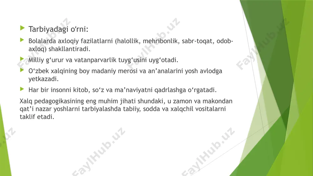 di, tafakkurini kengaytiradi va barkamol shaxs sifatida voyaga yetishiga yordam beradi. xalq og‘zaki ijodida – ertak, doston, rivoyat va maqollarda kitob, bilim va donishmandlikning qadri keng targ‘ib qilingan. oila va mahalla muhitida kitobxonlik an’analari yoshlarni ilm-fanga qiziqtirishda muhim vosita bo‘lib xizmat qiladi. milliy qadriyatlar esa kitobxonlikni rivojlantirishning ishonchli poydevori hisoblanadi. hozirgi davrda xalq pedagogikasining qadriyatlari zamonaviy ta’lim va yangi texnologiyalar bilan uyg‘unlashib, yoshlarni kitobsevar, ongli, ma’rifatli va vatanparvar qilib tarbiyalashda katta ahamiyat kasb etmoqda. demak, xalq pedagogikasi va kitobxonlik madaniyati kelajak avlod tarbiyasida eng muhim vosita bo‘lib, yoshlarni barkamol inson etib shakllantirishning ishonchli manbaidir. e’tiboringiz uchun rahmat! /docprops/thumbnail.jpeg