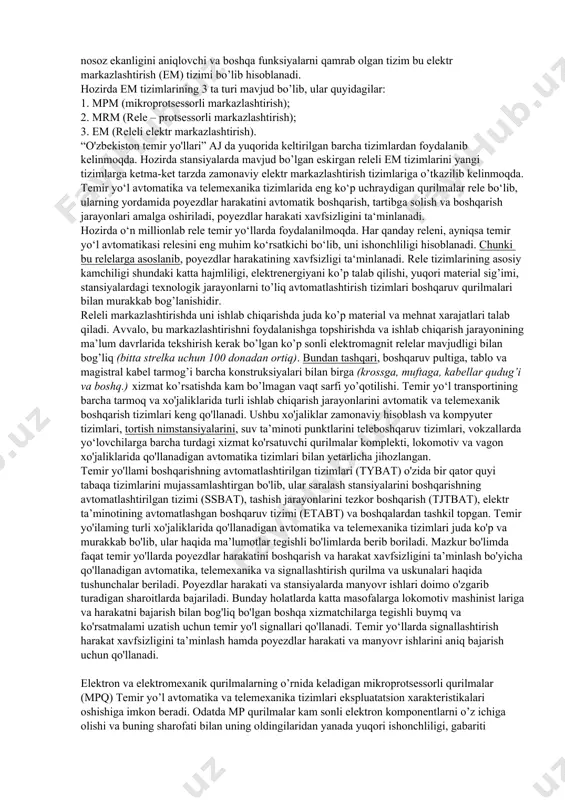 i asosiy qurilmalardan va tizimlardan biri hisoblanadi, poyezdlar boshqaruvi, ularning qaysi temir yo’l uchastkasini yoki seksiyasini band qilib turganligiga mos holatda svetafor va strelkalarning masofaviy boshqarilishi, ularning qanday holatda turganligini nazorat qilish, ularning soz yoki nosoz ekanligini aniqlovchi va boshqa funksiyalarni qamrab olgan tizim bu elektr markazlashtirish (em) tizimi bo’lib hisoblanadi. hozirda em tizimlarining 3 ta turi mavjud bo’lib, ular quyidagilar: 1. mpm (mikroprotsessorli markazlashtirish); 2. mrm (rele – protsessorli markazlashtirish); 3. em (releli elektr markazlashtirish). “o'zbekiston temir yo'llari” aj da yuqorida keltirilgan barcha tizimlardan foydalanib kelinmoqda. hozirda stansiyalarda mavjud bo’lgan eskirgan releli em tizimlarini yangi tizimlarga ketma-ket tarzda zamonaviy elektr markazlashtirish tizimlariga o’tkazilib kelinmoqda. temir yo‘l avtomatika va telemexanika tizimlarida eng ko‘p uchraydigan qurilmalar rele bo‘lib, ularning yordamida poyezdlar harakatini avtomatik boshqarish, tartibga solish va boshqarish jarayonlari amalga oshiriladi, poyezdlar harakati xavfsizligini ta‘minlanadi. hozirda o‘n millionlab rele temir yo‘llarda foydalanilmoqda. har qanday releni, ayniqsa temir yo‘l avtomatikasi relesini eng …