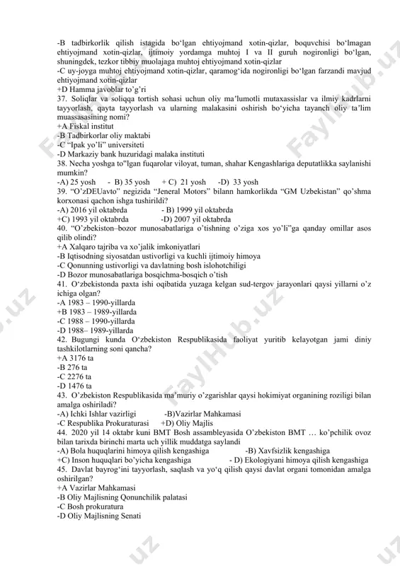 r kimga tegishli? -a. qodiriyga -b) cho`lponga +c) a. avloniyga -d) a. fitratga 26. o‘zbekiston oliy kengashining quyidagi qaysi sessiyasida «o‘zbekiston respublikasining davlat mustaqilligi asoslari to‘g‘risida»gi qonunga konstitutsiyaviy maqom berilgan? -a oliy kengashining vii sessiyasida; +b oliy kengashining vi sessiyasida; -c oliy kengashining viii sessiyasida; -d oliy kengashining v sessiyasida. 27. o‘zbekistonda bosh vazir lavozimida 1995—2003-yillarda kim faoliyat ko'rsatgan? +a o‘tkir sultonov -b abdulhoshim mu talov -c shukrullo mirsaidov -d shavkat mirziyoyev 28. toshkent xalqaro aeroportiga qachon islom karimov nomi berilgan? -a 2015-yilda -b) 2016-yilda +c) 2017-yilda -d) 2018-yilda 29. o‘zbekiston xalqaro islom akademiyasi huzurida imom moturidiy xalqaro ilmiy-tadqiqot markazi tashkil etilgan yilni belgilang? -a 2021-yil 23 iyun -b.2020-yil 12 sentyabr +c. 2020-yil 6-noyabr -d.2018-yil 31 oktyabr 30. o’zbekiston respublikasining birinchi prezidenti i.a.karimovning «ro’za hayitini dam olish kuni deb e’lon qilish to’g’risida»gi farmoni qachon e’lon qilingan edi? +a) 1992 yil 27 martda - b) 1992 yil 20 martda -c) 1991 …
