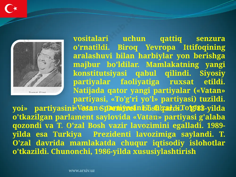 munosabat o'rnatdi. yaponiya va aqsh firmalari turkiyada sovitgich va televizor ishlab chiqaruvchi korxonalar qura boshladilar. shuningdek, turkiya ko'pgina xorij firmalariga vositachi rolini o'ynamoqda. www.arxiv.uz turkiya o'zbekiston mustaqilli-gini birinchi bo'lib tan olgan mamlakatdir. 1991-yil dekabrda o'zbekiston prezidenti i. a. karimov turkiyaga rasmiy tashrif bilan bordi. mamlakat prezidenti turgut o'zal, bosh vazir sulaymon demirel va ishbilarmonlar bilan uchrashib, o'zbekiston respublikasi va turkiya jumhuriyati o'rtasidagi aloqalarning asos va maqsadlari to'g'risida shartnoma imzolandi. turkiya - o`zbekiston munosabatlari bu shartnomada mamlakatlarimiz o'rtasidagi ma'naviy, ruhiy yaqinlik ta'kidlandi. iqtisodiy va savdo sohasida hamkorlik, madaniyat, fan, ta'lim, sogiiqni saqlash, sport, turizm va boshqa bitimlar imzolandi. ikki mamlakat o'rtasidagi aloqalarni yangi bosqichga ko'tarishda 1992-yil aprelida turkiya bosh vaziri sulaymon demirelning respublikamizga tashrifi katta rol o'ynadi. turklarning «interner», «0'zturk», «0'zyuksal», «dogu ilag», «yazeks», «bursel» va www.arxiv.uz boshqa firmalari o'zbekistonda keng fapliyat ko'rsatdi. 1993-yil aprelida turkiya prezidenti t. o'zalning o'zbekistonga tashrifi, ayniqsa, samarali bo'ldi. «daromad va mol-mulkka ikki tomonlama soliq solmaslik …