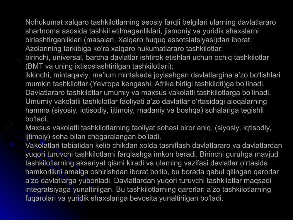 onining ortib ketishi loyixaning ayrim bandlari bo‘yicha bir tuxtamga kelishda qiyinchiliklar tug‘dirishi mumkinligini ham hisobga olish kerak. qarorning shakllanishidagi keyingi boskich muammoning kun tartibiga kiritilishidir. birlashgan millatlar tashkiloti organlarishshg roli va tizimi bmt — tinchlikni va xalqaro xavfsizlikni qo‘llab-kuvvatlash, davlatlararo hamkorlikni rivojlantirish maqsadida tashkil etilgan universal tashkilotdir. bmt ustavi san-fransiskoda utkazilgan konferensiyada imzolangan bo‘lib, 1945 yildan kuchga kirgan. bmt ustavi barcha davlatlar rioya etishlari shart bo‘lgan yagona xalqaro hujjatdir. bmt ustavining ahamiyati nafaqat uning tinchlikni ta’minlovchi tashkilotning faoliyatini tartibga soluvchi hujjatligida, balki barcha davlatlar uchun teng bo‘lgan jamoa ximoya tizimining yaratilishida asos bo‘lib xizmat qilishi va davlatlar tomonidan olib boriladigan harbiy, siyosiy, iqtisodiy, ekologik, insonparvarlik sohalaridagi faoliyatlarini belgilovchi o‘ziga hos kodeks ekanligida hamdir. bmt ustavi doirasida ko‘p tomonlama kelishuv va shartnomalarning ko‘p tarmoqli tizimi vujudga kelgan. bmt to‘zilishining asosiy sabab va maqsadlari uning ustavi «mukaddima»sida quyidagicha ifodalangan. bmt bmt ustavida uning 6 ta asosiy organlari ko‘rsatilgan. ular quyidagilardir: bosh assambleya; …