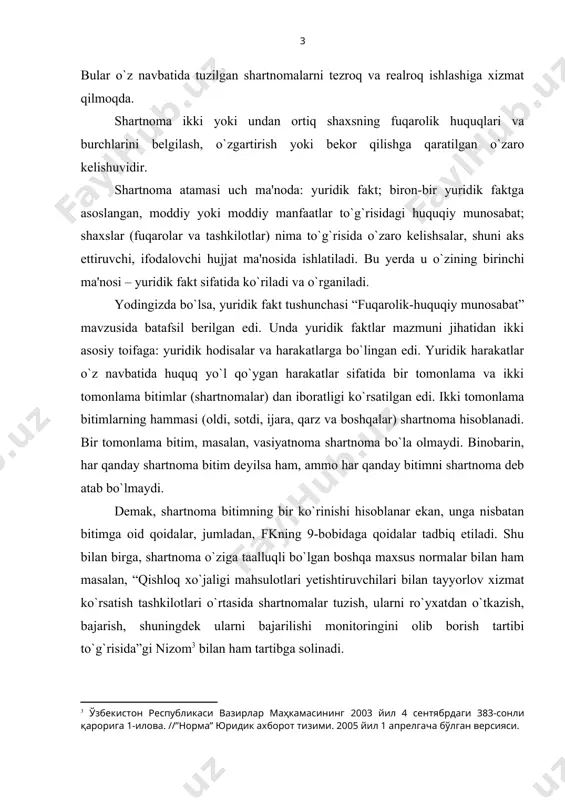 jburiyatlarga, agar qonunlarda boshqacha hol nazarda tutilmagan bo`lsa, fkda belgilangan majburiyatlar haqidagi umumiy qoidalar (fkning 234-352-moddalari) qo`llaniladi. ikkidan ortiq taraflar tuziladigan shartnomalarga ham agar bunday shartnomalar shartnomalarning ko`p taraflamalik xususiyatiga zid bo`lmasa, shartnoma to`g`risidagi umumiy qoidalar qo`llaniladi. shartnoma huquqiy munosabatlarni vujudga keltirish, o`zgartirish yoki bekor qilish uchun asos bo`lib xizmat qiladi. ammo shartnomaning harakati bu bilan cheklanmaydi. agar boshqa yuridik faktlar umumiy qoida bo`yicha huquqiy munosabatni vujudga keltirish, o`zgartirish yoki bekor qilish bilan tugallansa, shartnoma mazkur yuridik faktlardan farq qilib, huquqiy munosabatni belgilash, o`zgartirish yoki bekor qilishdan tashqari yana huquq normalari bilan belgilangan doiralarda huquqiy munosabatda qatnashuvchilarning xatti-harakatlarini tartibga soladi, huquqiy munosabat ishtirokchilarining huquq va burchlarini belgilaydi. shartnoma bilan vujudga keltirilgan huquqiy munosabat davomida shartnoma taraflarning xatti-harakatlari qanchalik qonunga muvofiq bo`lgan-bo`lmaganligini ham tekshirish imkoniyatini beradi . shartnoma tushunchasida asosiy belgi, asosiy shart – taraflarning muayyan natijaga erishishga qaratilgan o`zaro kelishuvlaridir. taraflarning har qaysisi tomonidan shartnoma bo`yicha olinadigan huquq va burchlar …