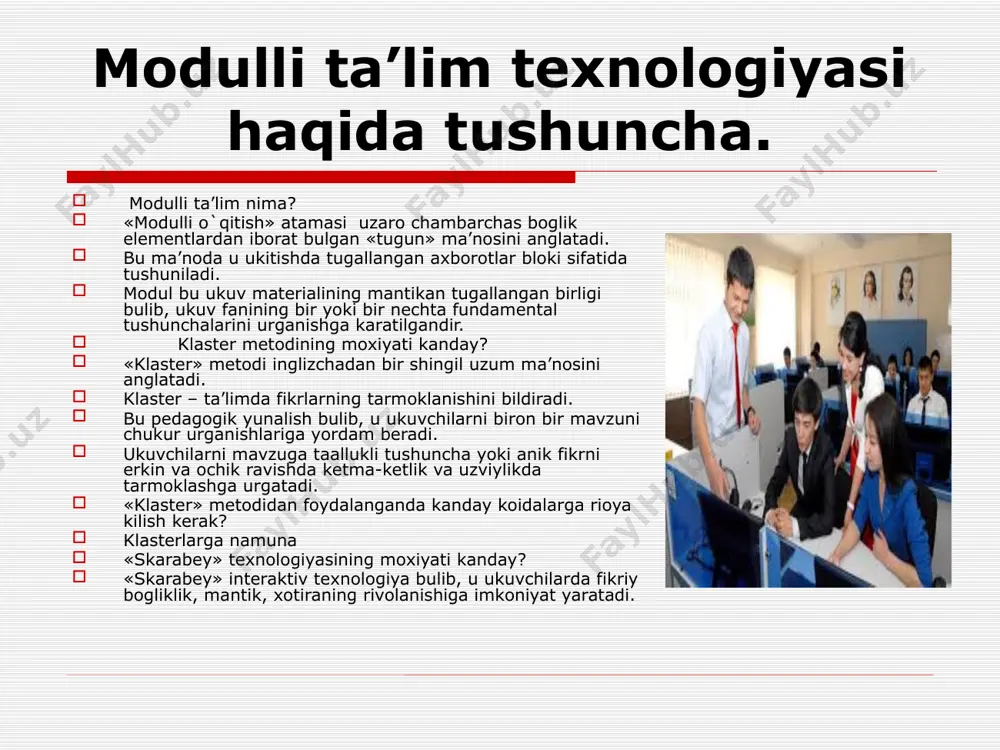 izologik, psixologik xususiyatlaridan xabardor bo’lish lozim. bu pedagogak-psixologik adabiyotlarda individual xususiyatlar deb yuritiladi.o’quvchining individual farqlari - rivojlanganlik darajasi, ukishga tayyorgarligi (qobiliyat, iqtidori)ni inobatga olib o’quv – taryuiya jarayonini (o’qish vositalari, usullari, tipi) tashkil etish ta’limni individuallashtirish deb yuritiladi. xulosa ta'limning yangi modeli jamiyatda mustaqil fikrlovchi erkin shaxsning shakllanishiga olib keladi. o'zining qadr - qimmatini anglaydigan irodasi baqquvvat, iymoni butun, hayotda aniq maqsadga ega bo'lgan, insonlarni tarbiyalash imkoniyatiga ega bo'lamiz. ana shundan keyin ongli turmush kechirish jamiyat hayotining bosh me'zoniga aylanadi. bugungi kunda ta'lim-tarbiya soxasida olib borilayotgan isloxotlar kelajakda, albatta o'z natijasini beradi. «ta'lim to'g'risidagi qonun»ni bosqichma - bosqich amalga oshirish, akademik, ilmiy va kasb xunar kollejlari tashkil qilinishi muhim axamiyatga molikdir. milliy tarbiya masalalariga e'tibor berilishi yoshlarimizni kelajakda o'z yo'lini aniq tanlashi, mustaqil fikriga ega bo'lishni ta'minlaydi. adabiyotlar: 1. «ta'lim to'g"risida»gi zbekiston respublikasining qonuni. - t. 1997. 29avgust. 2. kadrlar tayyorlash milliy dasturi. - t. 1997. 29 avgust. 3. yodgorov …