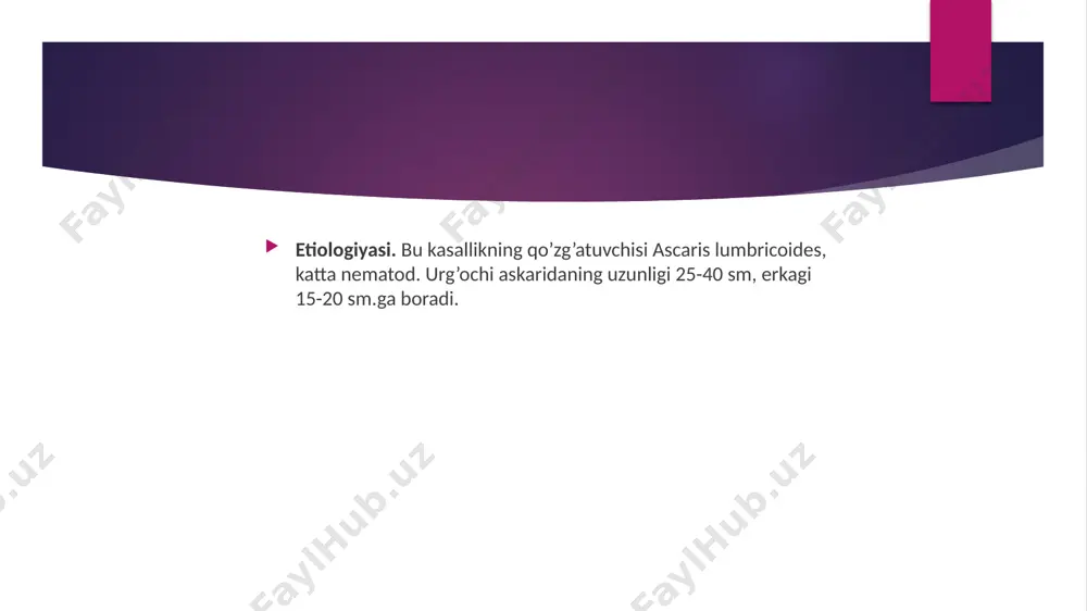 ining profilaktikasi uchun u bilan birga zaruriyat bo’lganda antigistamin dorilari qo’llaniladi. gimenolepedioz gimenolepidoz peroral kontagioz gelmintozdir. uni pakana (bo’yi 15-30 mm, eni 0,55-0,77) gijja qo’zg’atadi. odam uning ham oraliq, ham asosiy xo’jayini hisoblanadi. u odamning ingichka ichagida yashaydi. tuxumi axlat bilan ajraladi. epidemiologiyasi. kasallik manbai: kasal odam va bolalar. yuqish yo’li fekal-oral mexanizmi orqali. moyillik: hamma yoshdagi odamlar kasallanishi mumkin. kasallanishning asosiy qismi bolalar orasida uchraydi. klinika gimenolepidoz ko’pincha simptomsiz kechadi. ba’zan bosh og’riydi, ko’ngil ayniydi, ba’zan qusadi, so’lagi oqadi, jig’ildon qaynaydi, kekiradi, ishtaha o’zgaradi, kindik atrofida og’riq paydo bo’ladi. qorin og’rishi kechqurun xuruj qilib bezovta qiladi, ba’zan bir necha kun og’riq bo’lmasligi mumkin. bemorning ichi dam suyuq, dam quyuq kelib o’zgarib turadi, najas shilimshiq aralash bo’ladi. bemor tajang bo’lib qoladi, ish qobiliyati pasayadi. davosi gimenolepidozda fenasal sxema bilan ishlatiladi. 1- sxema: 2 kunlik tsikl 5 kun oralab 6-7 marta. 1-2 yoshli bolalarga 0,3 gramm, 3-4 yoshlilarga 0,5 gramm, 5-6 …