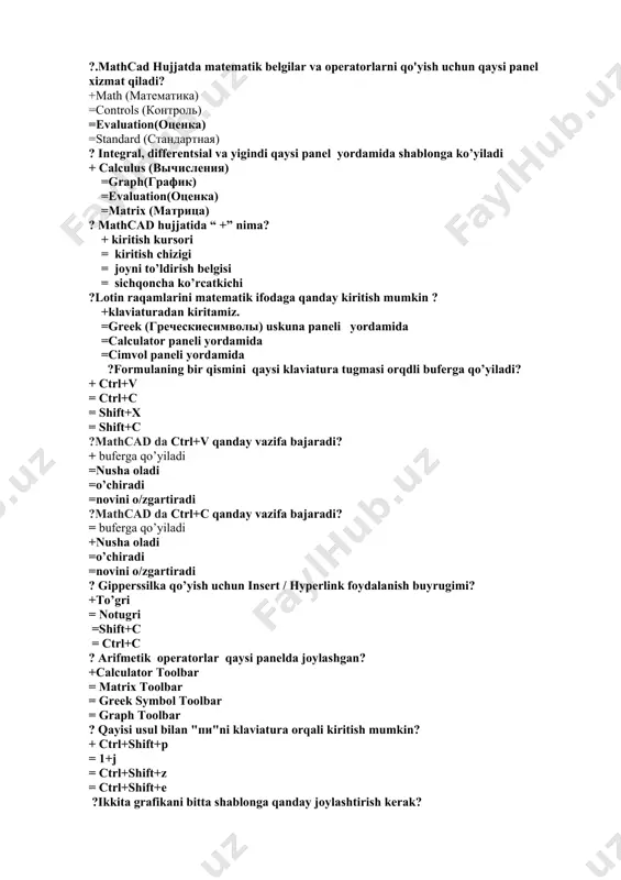rdamida =calculator paneli yordamida =cimvol paneli yordamida ?formulaning bir qismini qaysi klaviatura tugmasi orqdli buferga qo’yiladi? + ctrl+v = ctrl+c = shift+x = shift+c ?mathcad da ctrl+v qanday vazifa bajaradi? + buferga qo’yiladi =nusha oladi =o’chiradi =novini o/zgartiradi ?mathcad da ctrl+c qanday vazifa bajaradi? = buferga qo’yiladi +nusha oladi =o’chiradi =novini o/zgartiradi ? gipperssilka qo’yish uchun insert / hyperlink foydalanish buyrugimi? +to’gri = notugri =shift+c = ctrl+c ? arifmetik operatorlar qaysi panelda joylashgan? +calculator toolbar = matrix toolbar = greek symbol toolbar = graph toolbar ? qayisi usul bilan "пи"ni klaviatura orqali kiritish mumkin? + ctrl+shift+p = 1+j = ctrl+shift+z = ctrl+shift+е ?ikkita grafikani bitta shablonga qanday joylashtirish kerak? + oy o'qi bo'yicha birinchi funktsiyaning nomini kiriting, vergul-ni bosing va ikkinchi funksiyaning nomini kiriting = oy o'qi bo'yicha birinchi funktsiyaning nomini kiriting, enter ni bosing va ikkinchi funktsiyaning nomini kiriting =oy o'qidagi birinchi funktsiyaning nomini kiritish uchun bo'sh joyni bosing …