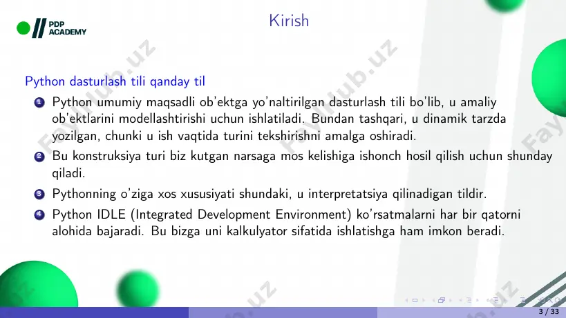 n biz uni e’lon qilishda ma’lumotlar turini ko’rsatishimiz shart emas. 10 / 33 python ilovalari ushbu dasturlash tili yordamida quydagilarni yaratish mumkin 1 veb-sayt 2 o’yin 3 sun’iy intellekt dasturlari 4 veb saytlardan ma’lumotlarni yig’uvchi dasturlar 5 robotlar uchun dasturlar 6 ilmiy hisoblash dasturlari 7 skiriptlar yaratish 11 / 33 python arxitekturasi va ishlashi 12 / 33 python arxitekturasi va ishlashi 1 tahlil qiluvchi – u mavhum sintaksis daraxtini yaratish uchun manba kodidan foydalanadi. 2 kompilyator – u mavhum sintaksis daraxtini python baytekodiga aylantiradi. 3 tahlil qiluvchi – u mavhum sintaksis daraxtini yaratish uchun manba kodidan foydalanadi. 4 interpreter – u kodni satr bo’yicha repl (o’qish-baholash-chop etish-takrorlash) usulida bajaradi. 13 / 33 python konstruktsiyalari funksiyalar python-dagi funksiya nom ostida guruhlangan buyruqlar to’plamidir. siz bir vaqtning o’zida barcha buyruqlarni bajarmoqchi bo’lsangiz, undan foydalanishingiz mumkin. siz uni xohlagan joyda va dasturda xohlaganingizcha ko’p marta ishlatishingiz mumkin. funksiya qiymatni qaytarishi mumkin. sinflar python …