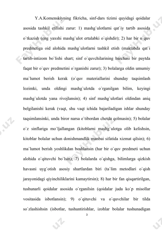 aydigan bilimlar o`rgatilmasin). ishlab chiqarish kuchlarining rivojlanishi, yangi ijtimoiy munosabatlarning paydo bo`lishi va ijtimoiy-gumanitar bilimlarga ehtiyojni o`z paytida payqagan y.a.komenskiy sinf-dars tizimini asosladi. sinf-dars tizimi o`z vaqtida yaratilgan bo`lsa-da, u maktablar amaliyotidan juda syokinlik bilan o`rin ola boshladi. eski o`zbek maktabi tarixining yetuk tadqiqotchisi y.a.abdullayevning uqtirishicha, sinf-dars tizimi o`rta osiyo maktablariga xix asrning oxiri xx asrning boshlarida rus-tuzem maktablari orqali kirib kela boshladi. bell-lankaster tizimi. sinf-dars tizimiga ko`ra, har bir sinfda 50-60 o`quvchi o`qirdi. bunda yoshlarni o`qitish ancha qimmatga tushurdi. bolalarga umumiy elementar ma`lumot berish (ularni o`qiy oladigan, yoza biladigan, hisoblay oladigan qilish) va bir o`qituvchi rahbarligida imkoniyati yetguncha ko`proq o`quvchini to`plash ehtiyoji tug`ilda. shu ehtiyojga ko`ra xix asrning oxiri xx asrning boshlarida anglyada bell-lankaster tizimi paydo bo`ldi. uning asoschisi ruhoniy a.bell, o`qituvchi d.lankasterlar edi.bell-lankaster tizimiga ko`ra, katta xonada (zalda) 600 tagacha o`quvchi to`planardi. barcha o`quvchiga bitta o`qituvchi dars berardi. kichik o`quvchilarni o`qish, yozish, hisoblashga o`rgatish katta yoshli, puxta tayyorgarlikka …
