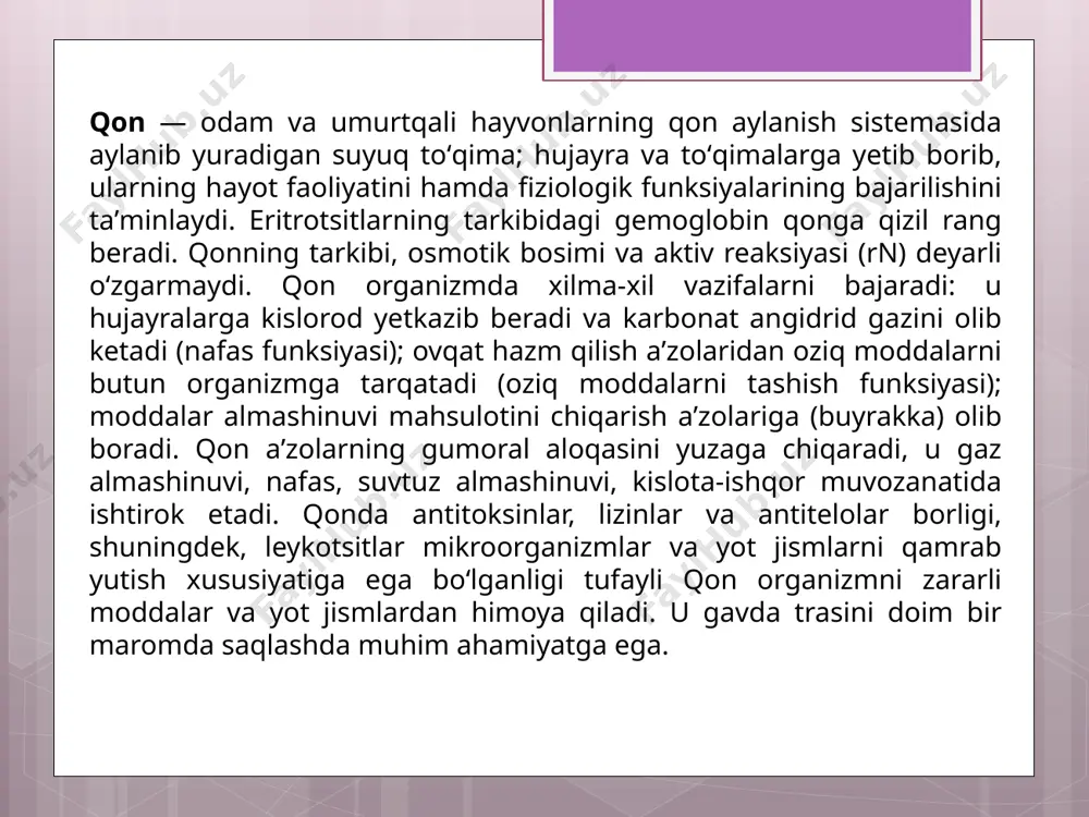 lion qizil qon hujayralari iborat. qon hajmining deyarli yarmi (40% dan 45% gacha) qizil qon tanachalaridir. insonning qizil qon tanachalari qon aylanishining bir tsiklini yakunlash uchun oʻrtacha 60 soniya vaqt oladi. qonning qizil rangi gemoglobindagi gem moddasining tarkibidagi temir ionlarining spektral xususiyatlariga bogʻliq. har bir gemoglobin molekulasida toʻrtta gem molekulasi tutadi; gemoglobin umumiy hujayra hajmining uchdan bir qismini tashkil qiladi. gemoglobin tanadagi kislorodning 98% dan ortigʻini tashish uchun javobgardir (qolgan kislorod qon plazmasida erigan holda tashiladi). oʻrtacha kattalar erkak erkakning qizil qon hujayralari umumiy temirni taxminan 2,5 gramm saqlaydi, bu tanadagi umumiy temirning taxminan 65% ni tashkil qiladi. leykotsitlar (qadimgi yunoncha: λευκός — oq va κύτος — hujayra), oq qon tanachalari — odam va hayvonlar qonidagi rangsiz hujayralar; qonning yadroli shaklli elementlari. yadrosining shakli har xil, shunga koʻra, tayoqcha yadroli, segment yadroli va monotsitlarga ajrati-ladi. leykotsitlar suyak koʻmigi, limfa tugunlari va taloqda hosil boʻladi. donali leykotsitlar (granulotsitlar) va donasiz leykotsitlar …