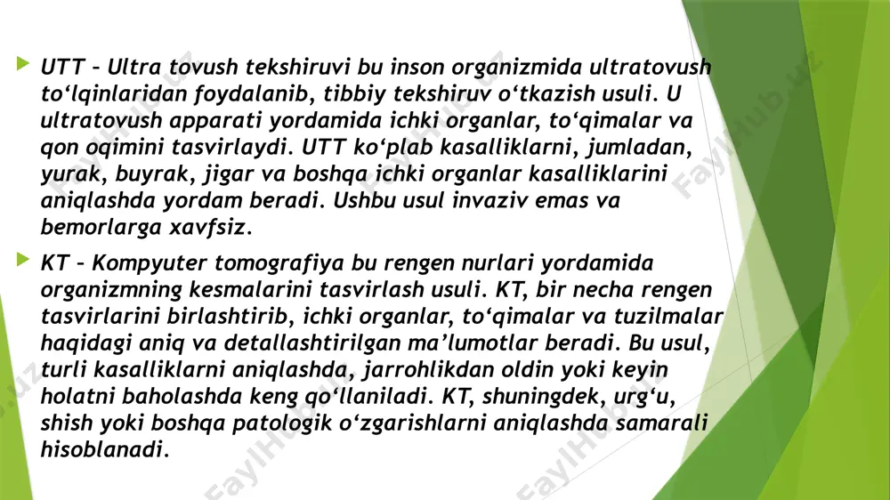 z, kichik o’choqlar shaklida organning aks-sado zichligi oshishi bilan dalolat beradi. jigarning cheti yumaloq. oxirgi bosqichlarda organning siqilishi tufayli portal tomirlarini ko’rish mumkin emas. jigar sirrozi bilan uning ko’payishi, portal va taloq tomirlarining kengayishi ko’rinadi. organning pastki qirrasi ham yumaloq bo’ladi, konturlar notekis bo’ladi. bu holda aks-sado zichligi oshishi katta fokusli bo’ladi. qorin bo’shlig’idagi erkin suyuqlik (astsit) ham aniqlanadi. o‘t qopining utt normasi: shakli: har xil – nok shaklidagi, silindrsimon o’lchamlari: eni 3-5 sm, uzunligi 6-10 sm. hajmi: 30-70 sm³ devorlari: qalinligi 4 mm gacha. o’t yo’llarining ultratovushini tekshirish odatda, ultratovush tekshiruvida o’t yo’llari quyidagi xususiyatlarga ega: umumiy o’t yo’li: diametri 6-8 mm, intragepatik kanallar: kengaytirilmasligi kerak. o‘t qopida toshlarining utt dagi tasviri: formasyonlardan akustik soya: bu toshlar va siydik pufagi o’smalariga tegishli. ushbu soyaning mavjudligi bilan toshlarning turlari shifrlangan (ular turli xil kompozitsiyalarda bo’ladi. ular harakat qiladimi yoki yo’qmi: toshlar odatda mobil, lekin devorga yaqin yoki katta bo’lishi mumkin. …
