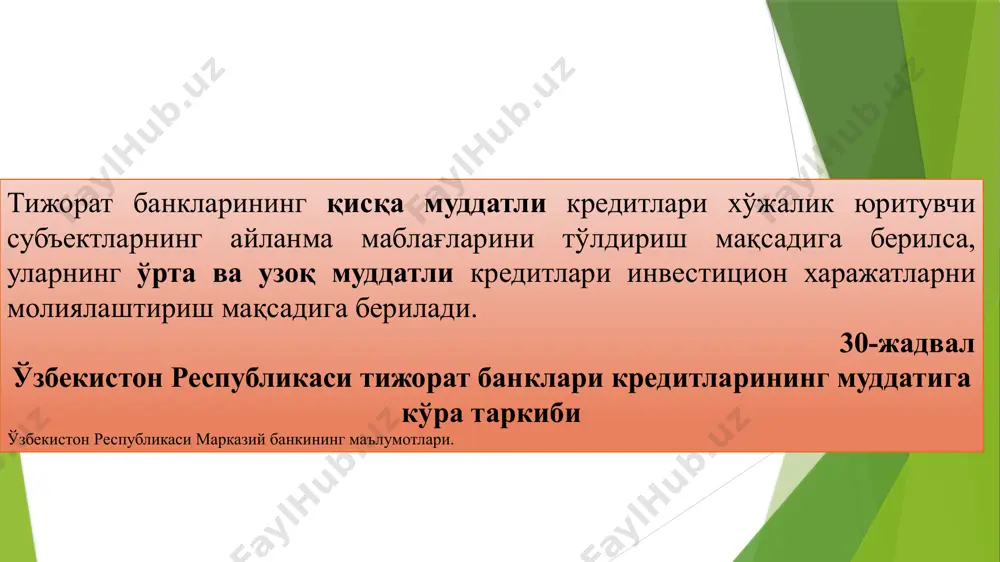 турларга бўлинади: – саноатга берилган кредитлар; – қишлоқ хўжалик кредитлари; – қурилиш кредитлари; – савдо кредитлари ва ҳ.к. кредитлаш объектларига кўра кредитнинг қуйидаги турларини ажратиб кўрсатиш мумкин: – товар-моддий қимматликларни сотиб олиш учун берилган кредитлар; – ишлаб чиқариш харажатларини молиялаштириш учун берилган кредитлар (масалан, республикамизда пахта ва ғаллани етиштириш харажатлари имтиёзли кредитлар ҳисобидан молиялаштирилади); – мижозларнинг тўлов айланмасидаги узилишни қоплаш учун берилган кредитлар. кредитнинг мақсади йўналиши ва кредит муносбатларида иштирок этувчи субъектларга кўра кредитнинг қуйидаги турларини ажартиб кўрсатиш мумкин: – синдицияли кредитлар; – ипотека кредитлари; – халқаро кредитлар. синдицияли кредит деганда битта объектни ёни лойиҳани кредитлаш учун икки ёки ундан ортиқ банк томонилдан берилган кредитга айтилади. бош банк билан иштирокчи банклар ўртасида бош битим тузилади ва ушбу битимга асосан банк синдикати ташкил этилади. банк синдикати билан кредит олувчи ўртасида кредит шартномаси тузилади. синдицияли кредитлар бериш қуйидаги шартлар асосида амалга оширилади: а. етакчи банкнинг тўловга қобил ва ликвидли бўлиши. б. етакчи …