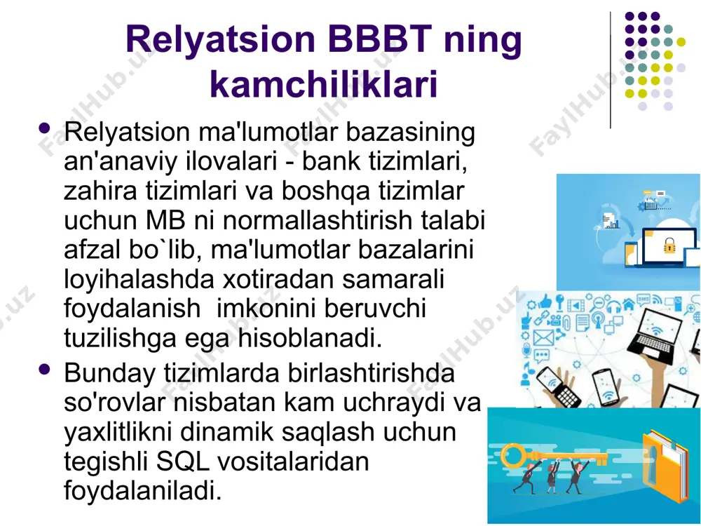 up buyrug`i olap da relyatsion atamalar va tushunchalar va ularning ekvivalentlarini taqoslash. relation texnologiya olap texnologiya order by operatori sort buyrug`i grant derektivasi permit saqlangan protseduralar, sql da saqlangan senariylar программы и пользовательские функции null-ustunlar null-qiymat null-qatorlar- jadvalda yoki natijada paydo bo'lgan to'plamda bo'lishi mumkin emas null qiymatlar har doim aniq oqim tilini boshqarish (pl/sql, transact-sql va boshqalar) saqlangan protsedura tili agregatlash (sum, avg, count, min, max) funktsiyalar va formulalar hisoblash operatorlari (+, -, /, *) va ikki-uch o'nlab matematika, string va vaqt funksiyalari formulalar (+, -, /, *, **) 100 dan ortiq matematika, moliyaviy, statistik, bashorat qilish, simulyatsiya, string va vaqt funktsiyalari select operatori report insert operatori maintain add delete operatori maintain delete update operatori set commit operatori update olap tizimlari uchun kodda qoidalari kontseptual ko'p o'lchovli tasvir shaffoflik mavjudligi hisobotni ishlab chiqishda barqaror samaradorlik mijoz-server arxitekturasi umumiy ko'p o'lchovlilik ajratilgan matritsalarni dinamik boshqarish ko'p foydalanuvchilarni qo'llab-quvvatlash cheksiz o'zaro …