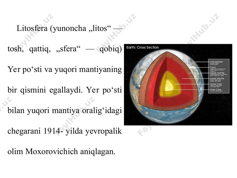 r, zilzilalar hosil bo‘ladi. „litosfera plitalari nima sababdan gorizontal siljiydi?“ degan savolga olimlar javob topishdi. aniqlanishicha, bu yer po‘sti bilan mantiya oralig‘idagi astenosfera (yunoncha „astenos“ — kuchsiz) qatlamining yumshoq va elastik holatdagi moddalardan tuzilganligiga bog‘liq ekan. deyarli barcha vulqon o‘choqlari ham astenosferaga to‘g‘ri kelishi aniqlandi. o‘rta okean tizmalarida litosfera plitalari mantiyadan chiqayotgan moddalarning halqasimon harakati hisobiga bir-biridan uzoqlashadi. natijada, ular orasida yangi okean po‘sti hosil bo‘ladi va kengaya boradi (4-rasm). tog‘larning paydo bo‘lishi harakatdagi vulqonlar, zilzilalar litosfera plitalarining tutashish, ya’ni to‘qnashgan chegaralariga to‘g‘ri keladi. relyef (yunoncha, ko‘tarilaman) yer yuzasining kattaligi, kelib chiqishi, yoshi va rivojlanish tarixi turlicha bo‘lgan shakllaridir. yer yuzasidagi barcha relyef shakllari ichki va tashqi kuchlarning hosilasidir. asosiy relyef shakllariga tog‘ va tekisliklar misol bo‘ladi. òog‘lar quruqlikning 40 % ini, tekisliklar esa 60 % ini egallaydi. yer shari quruqligining eng past nuqtasi –405 m ga (o‘lik dengiz), eng baland nuqtasi 8 848 m ga (jomolungma yoki everest) teng. …