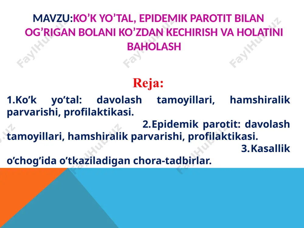 an xollarda va epid periotit epidemiyasi davrida tashxis kuyish uncha kiyin emas. orxit, submaksillit, nerv sistemasi zararlanishi kulok oldi bezi shishi bilan bilan kechganda xam tashxisoti kiyin emas. lekin, kasallik atipik, uta yengil xolda kam uchraydigan lokalizatsiyada kechganda kachonki kulok oldi bezi kattalashmasdan tashxisoti mumkin. davosi. epidparotit spetsifik davosi yuk. simptomatik davo kilinadi. giperimmun maxsus zardob bilan davolash yaxshi natija bermadi, asoratlarni oldini olmadi. davoda asosan asoratlarni oldini olishga karatilgan. kat’iy yotor rejimi 10 kungacha. chunki erkaklarda orxit belgisi 3-marotaba kup uchragan yotok rejimiga rioya kilmaganlar orasida. pankreatit asoratini oldini olish uchun parxez taomlar va kup ovkat (tuyib) yemaslik tavsiya yetiladi. parxez ovkatlar sut va usimlikmaxsulotlari bulishi kerak. ovkatlar pyure yoki suyukrok bulishi kerak (sulak bezlariga ortikcha faollik bermaslik uchun). sulak ishlab chikarishni kuchaytiruvchi ovkatlar( tsitrus, pechenьe, konfetlar, murabbolar…) kasallikni birinchi kunlari berilmaydi. tayanch iboralar f № 63 - «profilaktik emlash kartasi» opv - og’iz orqali sholga qarshi vaktsina; vgv …