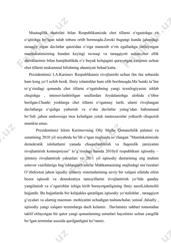 day fikr bildiradilar:” ma’lumki, o’zlikni anglash milliy ong va tafakkurning ifodasi avlodlar o’rtasidagi ruhiy – ma’naviy bog’liqlik til orqali nomoyon bo’ladi. ta’lim jarayonida yangi axborot-kommunikatsiya va pedagogik texnologiyalarni elektron darsliklar,multimedia vositalarini keng joriy etish orqali mamlakatimiz maktablarida, kasb-hunar kollejlari, litseylari va oliy o’quv yurtlarida o’qitish sifatini tubdan yaxshilash lozim” ² jahondagi har bir xalq, har bir millat boshqa xalqlar, millatlar yaratgan ma’naviyatimizni boyitayotgan noyob durdona asarlar kashfiyotlardan bahramand bo‘lish bilan birga, o‘zlari ham umumjahon madaniyati xazinasiga o‘z hissasini qo‘shib kelgan.shuning uchun ham dunyoda boshqa qardosh tillar, millatlar, mamlakatlar ta’sirisiz o‘z qobig‘ida rivojlanib ketgan tillar, millatlar,mamlakatlar yo‘q.tarjima tarixi til tarixi,millat tarixi, mamlakat tarixi kabi qadimiydir. mustaqillikka erishganimizdan so‘ng mamlakatimizda sanoat, texnika va qishloq xo‘jaligining nechog‘lik rivojlanganligini hamda dunyoning 100 dan ziyod mamlakatlari bilan tang iqtisodiy, siyosiy va madaniy aloqalar o‘rnatganligini ko‘rsatish uchun o‘zbekiston qancha mahsulot eksport hamda import qilayotganligi, dunyoda nufuzi ortib borayotgan mamlakat ekanligini eslash kifoya.bugungi kunda o‘zbekistonning jahondagi boshqa …